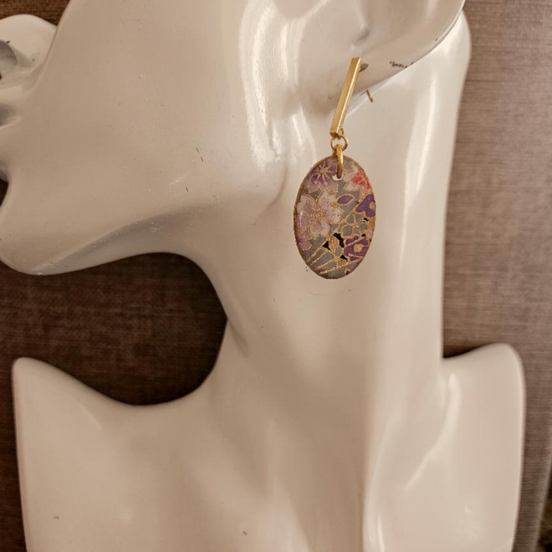 Unique Japanese Chiyogami Paper Earrings - Grey Blue Purple Floral Print