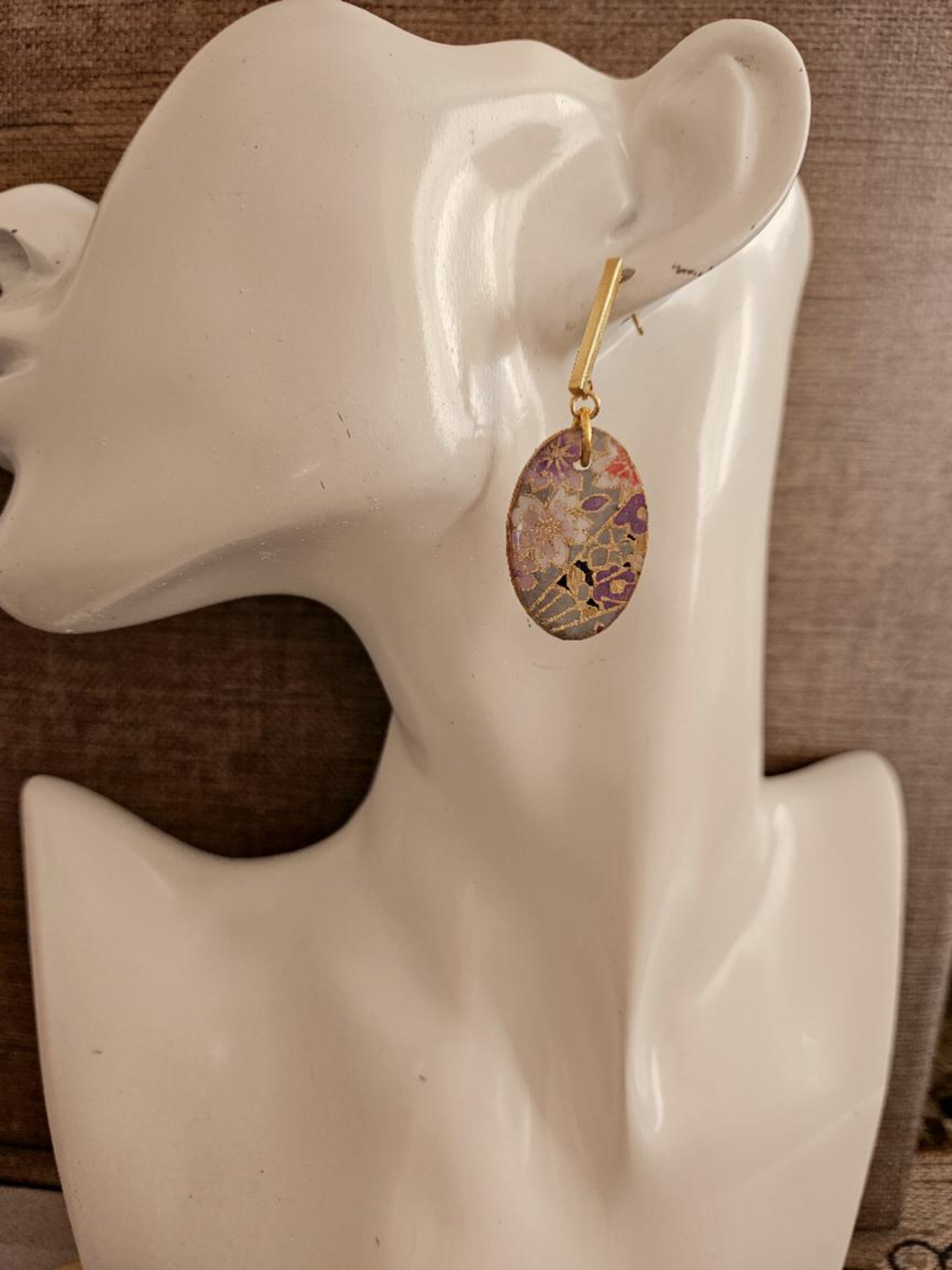 Unique Japanese Chiyogami Paper Earrings - Grey Blue Purple Floral Print