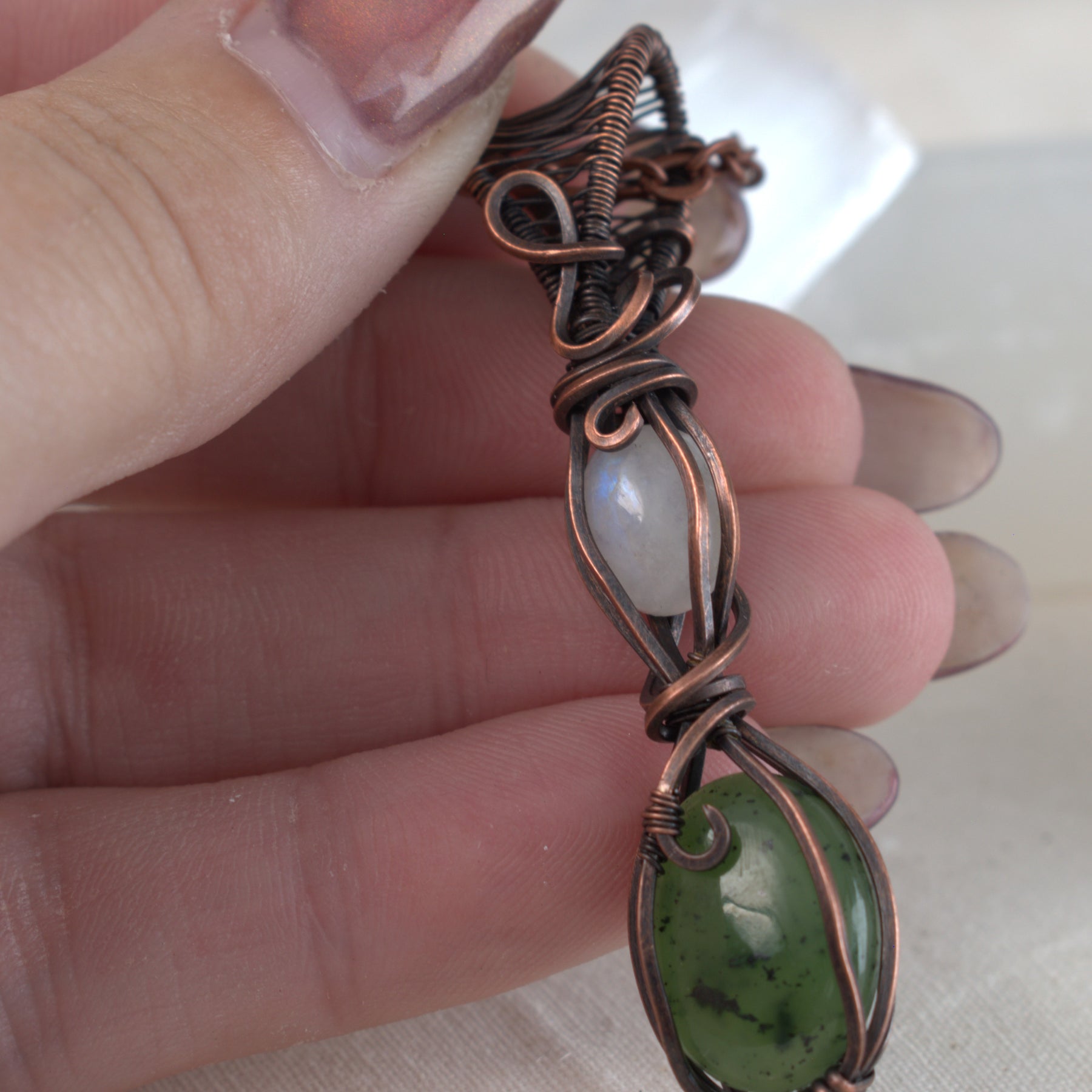 Moonlit Grove – Nephrite & Rainbow Moonstone Copper Pendant