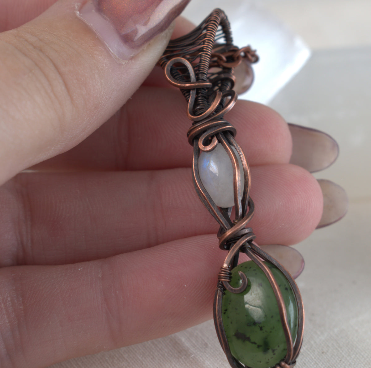 Moonlit Grove – Nephrite & Rainbow Moonstone Copper Pendant