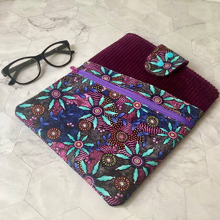Indigenous print fabric book sleeve with 2 pockets. iPad, tablet pouch
