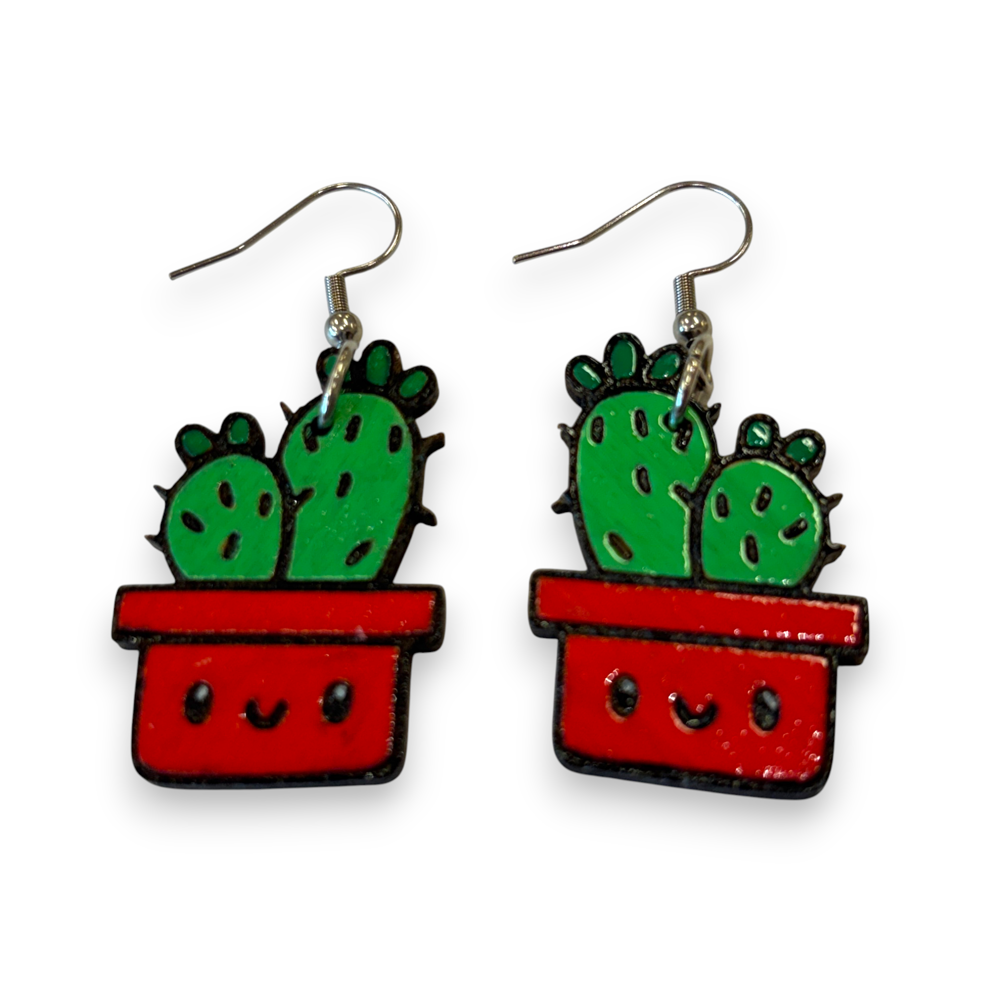 Wooden pot plant earrings - cactus, hand painted