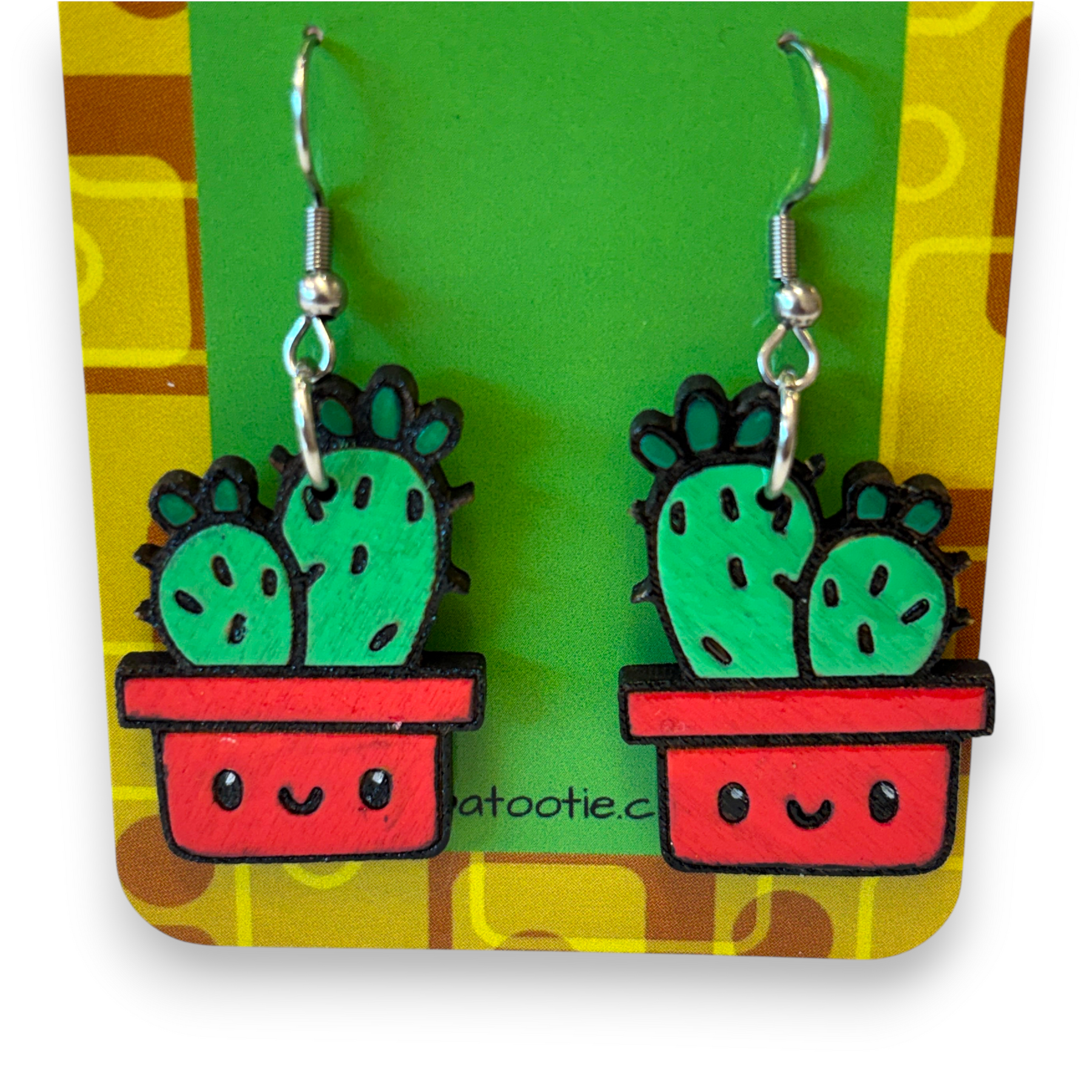 Wooden pot plant earrings - cactus, hand painted