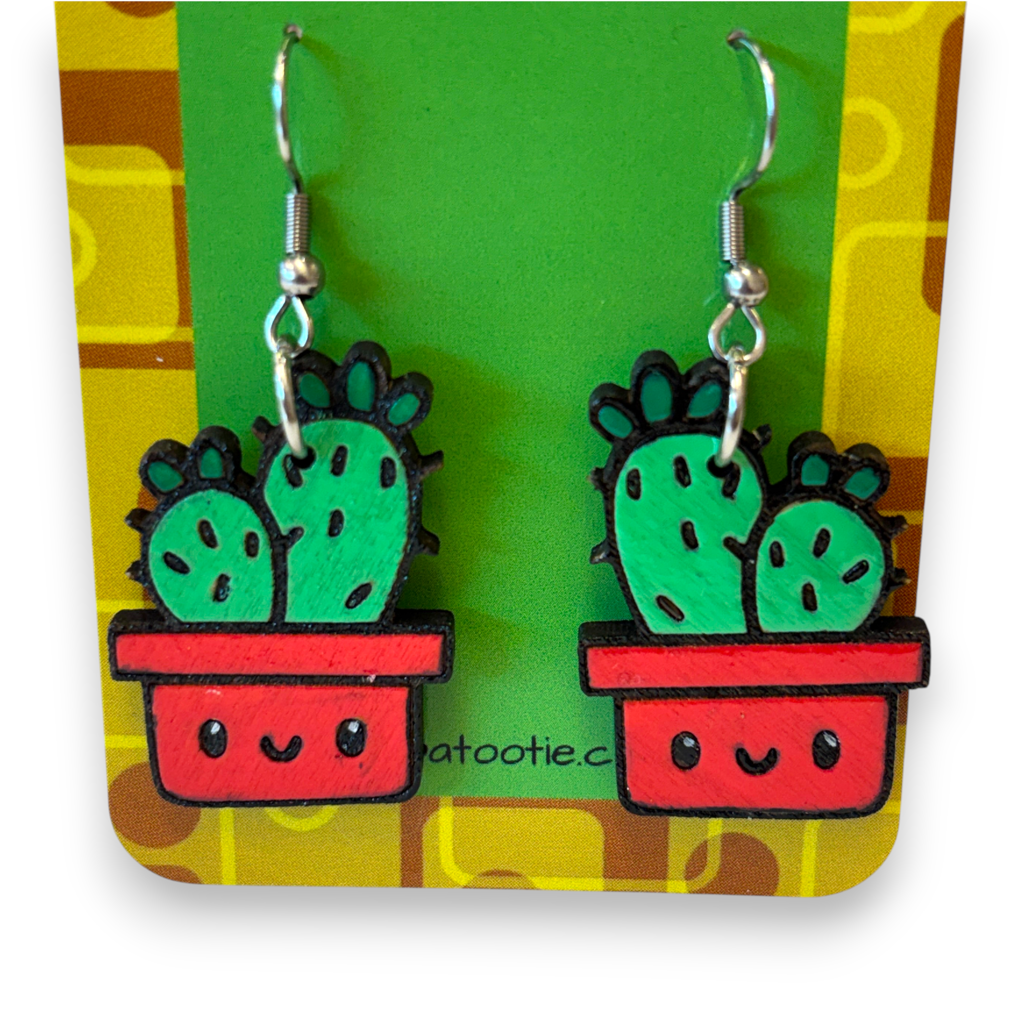 Wooden pot plant earrings - cactus, hand painted