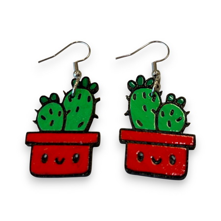 Wooden pot plant earrings - cactus, hand painted