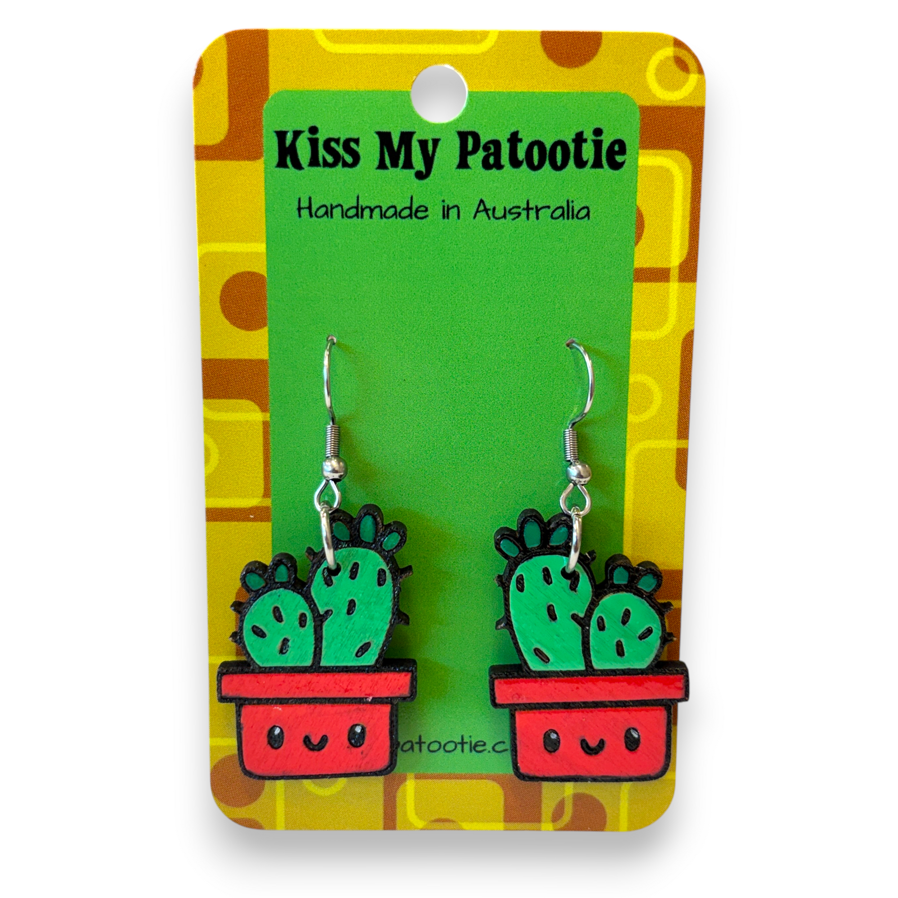 Wooden pot plant earrings - cactus, hand painted