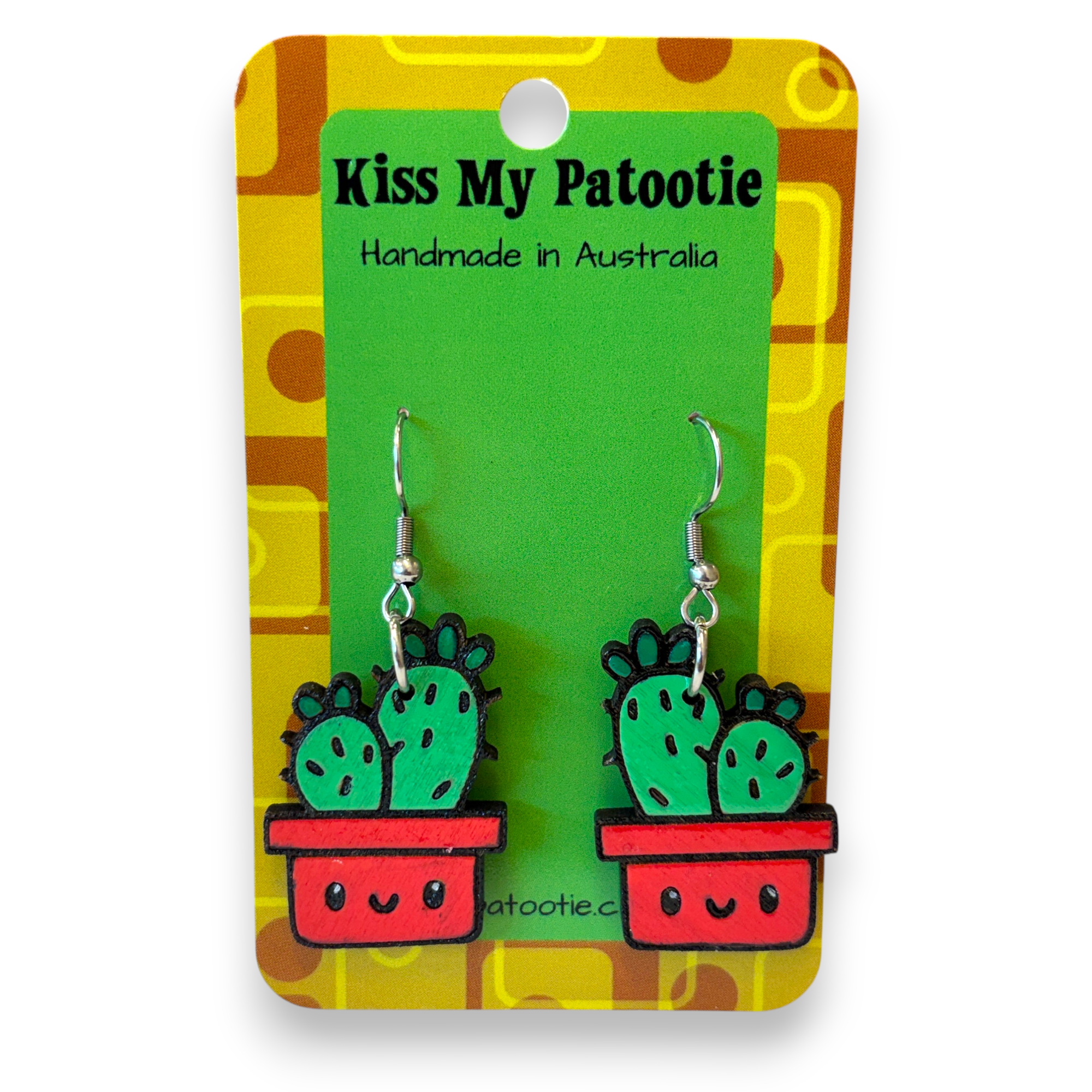 Wooden pot plant earrings - cactus, hand painted