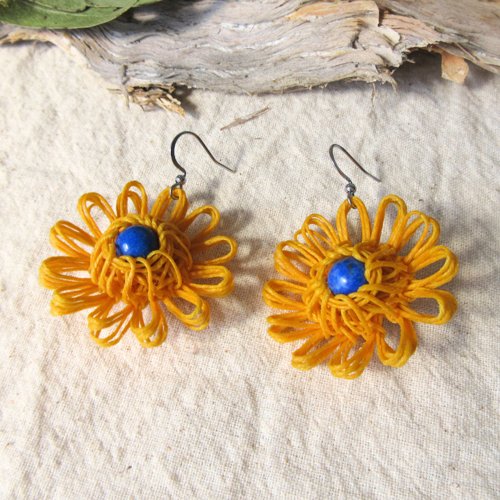 Sunshine Bloom | Yellow Handmade Flower Earrings with Choice of Gemstone | Woven Bloom Tales Collection