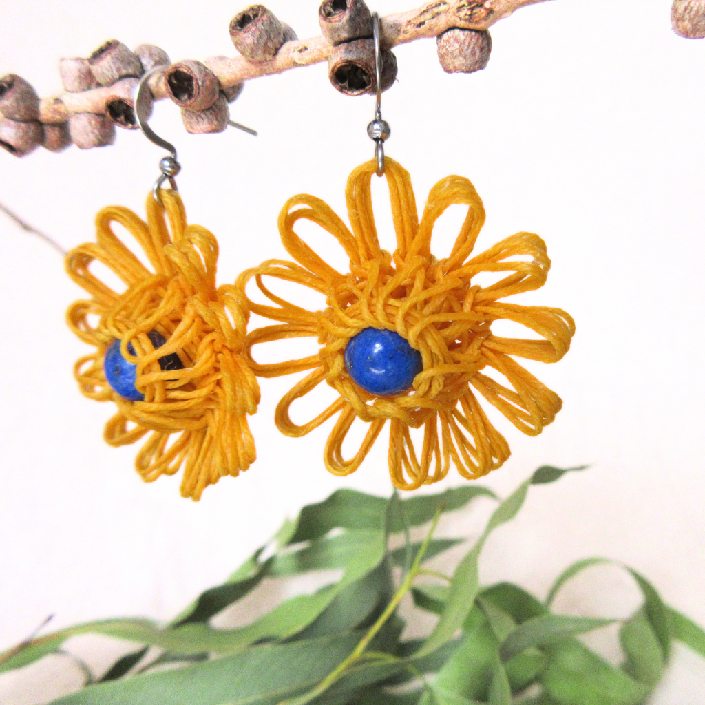 Sunshine Bloom | Yellow Handmade Flower Earrings with Choice of Gemstone | Woven Bloom Tales Collection
