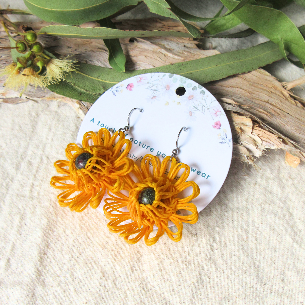 Sunshine Bloom | Yellow Handmade Flower Earrings with Choice of Gemstone | Woven Bloom Tales Collection