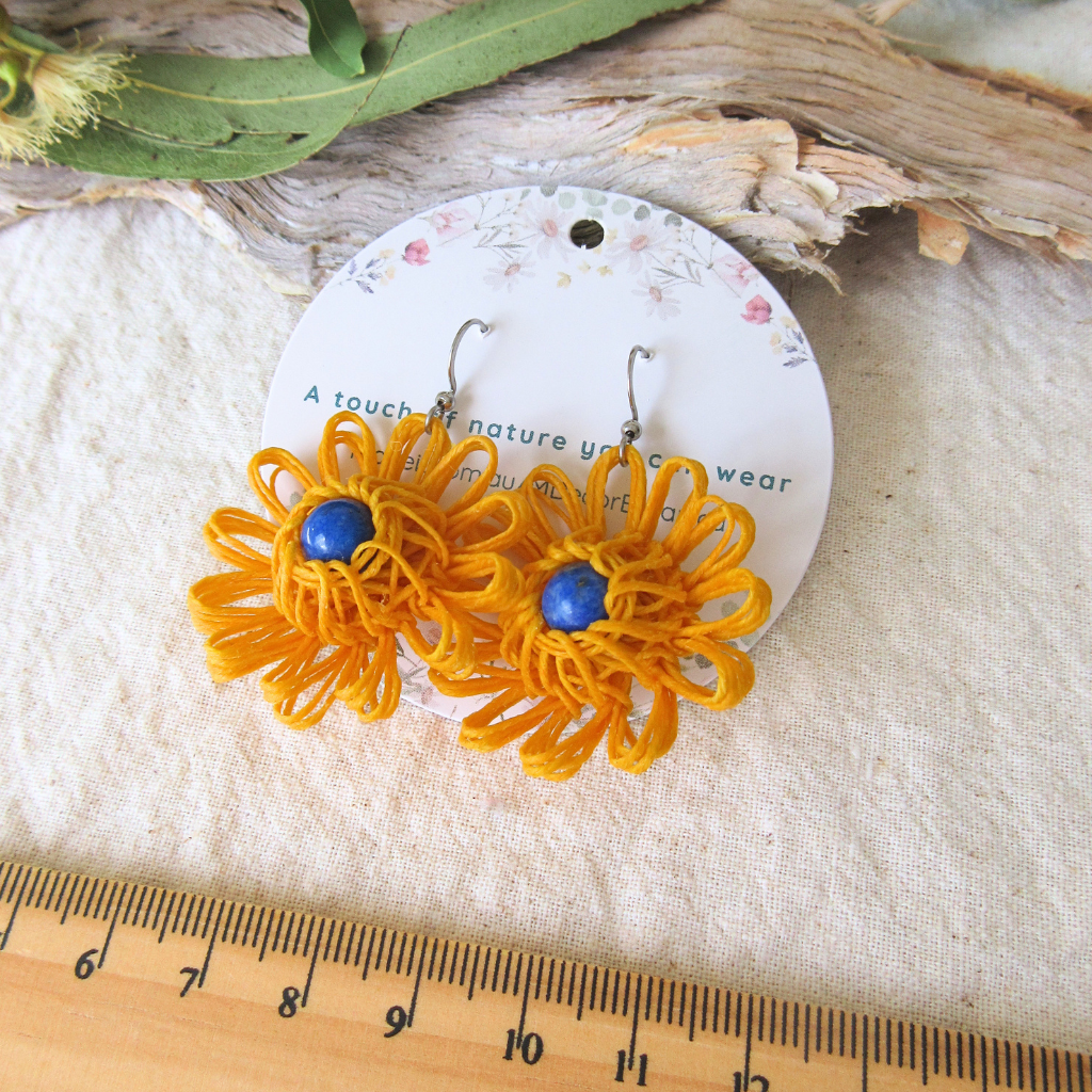 Sunshine Bloom | Yellow Handmade Flower Earrings with Choice of Gemstone | Woven Bloom Tales Collection