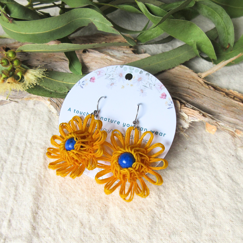 Sunshine Bloom | Yellow Handmade Flower Earrings with Choice of Gemstone | Woven Bloom Tales Collection