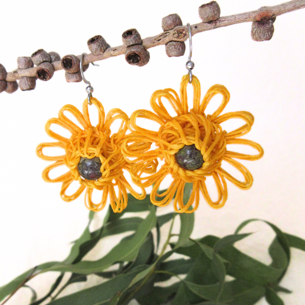 Sunshine Bloom | Yellow Handmade Flower Earrings with Choice of Gemstone | Woven Bloom Tales Collection