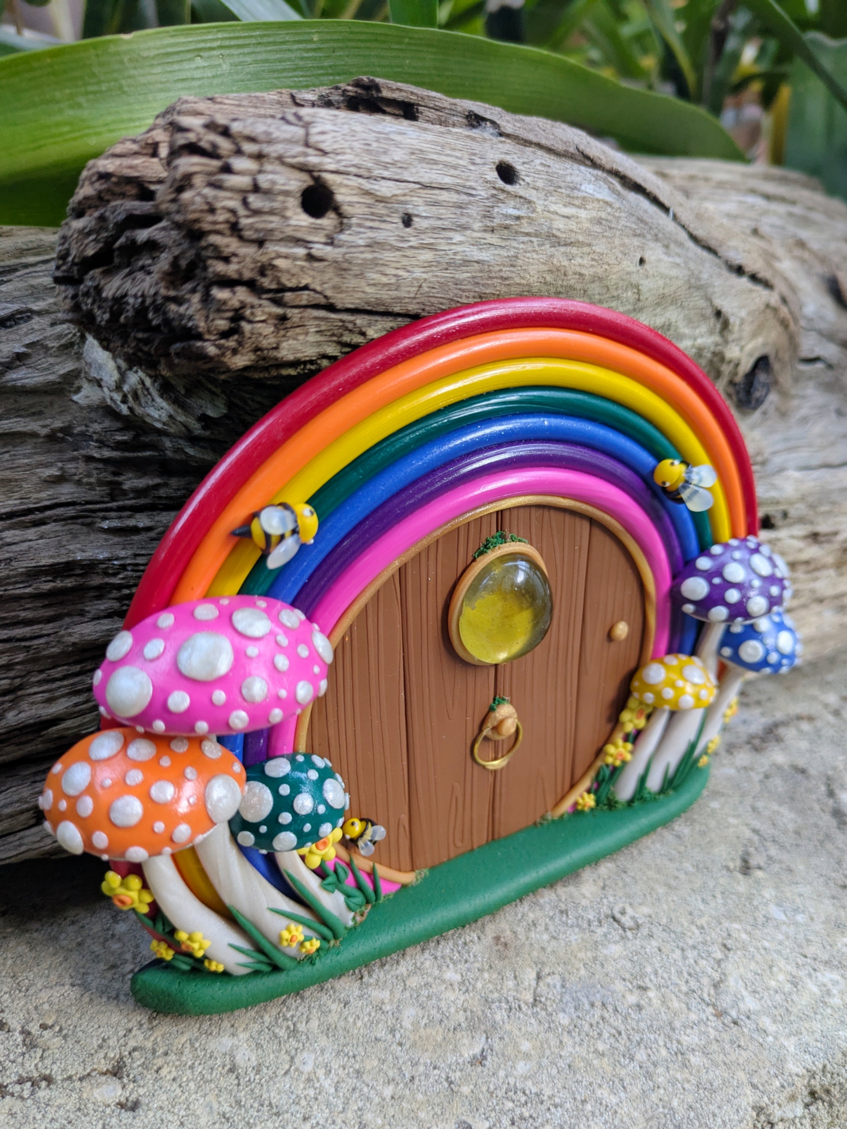 Hand-Sculpted Rainbow Fairy Door with Matching Mushrooms & Bumblebees
