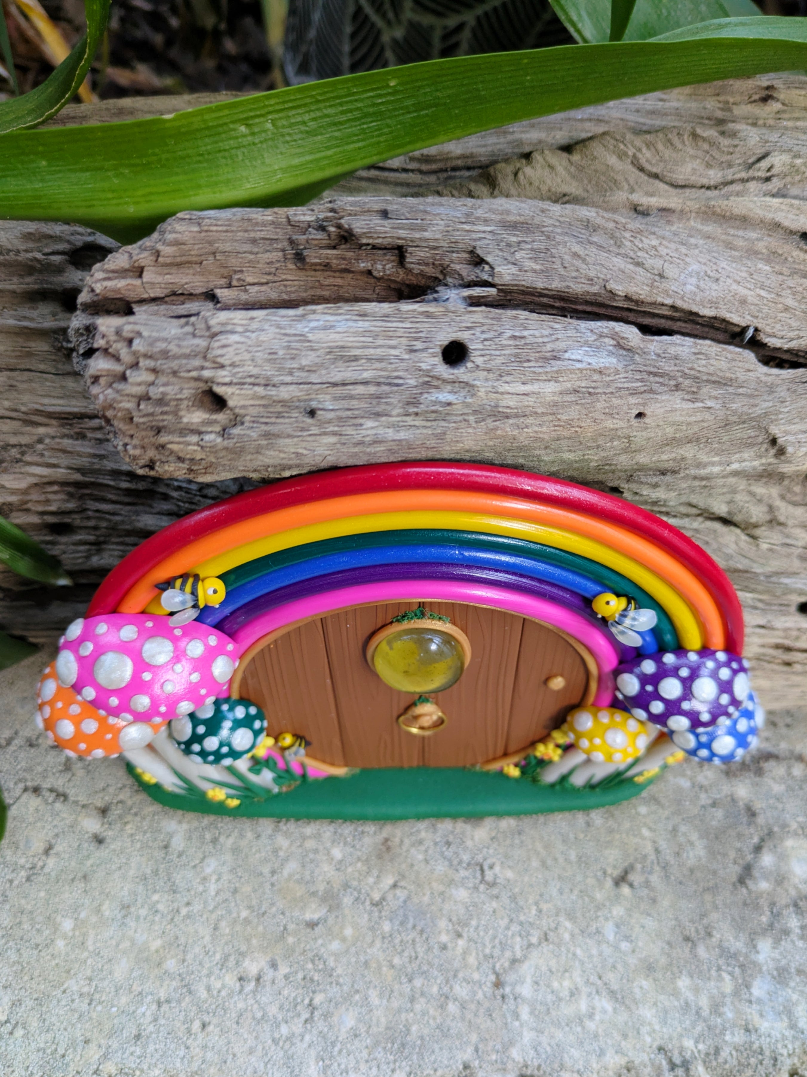 Hand-Sculpted Rainbow Fairy Door with Matching Mushrooms & Bumblebees
