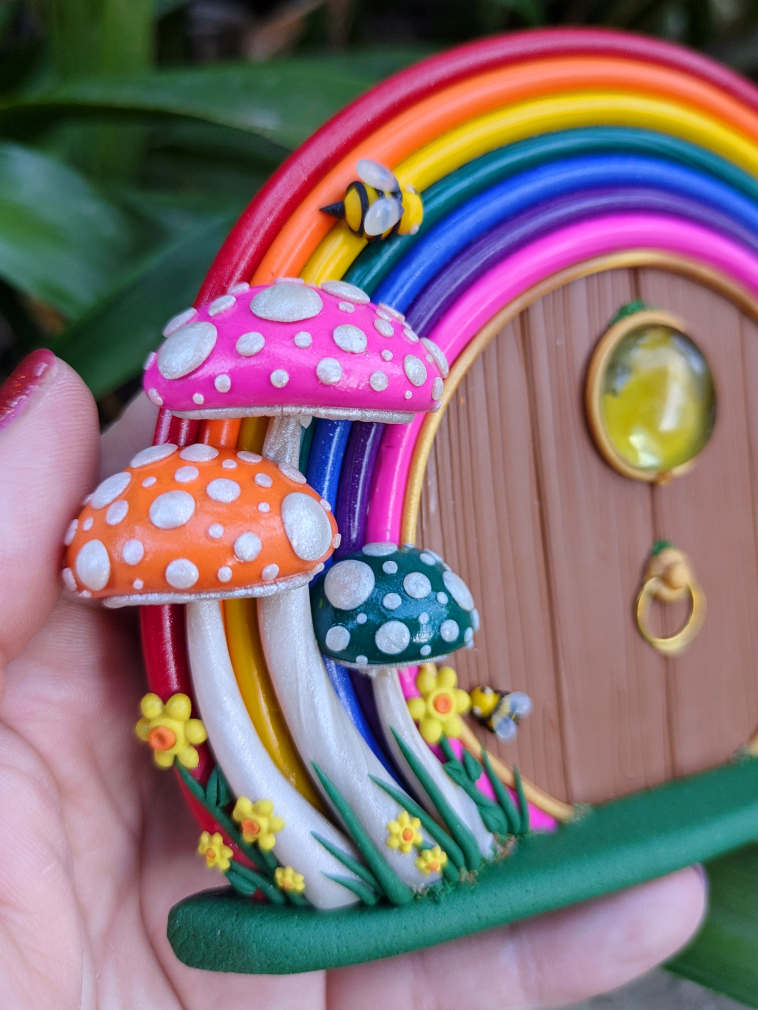 Hand-Sculpted Rainbow Fairy Door with Matching Mushrooms & Bumblebees