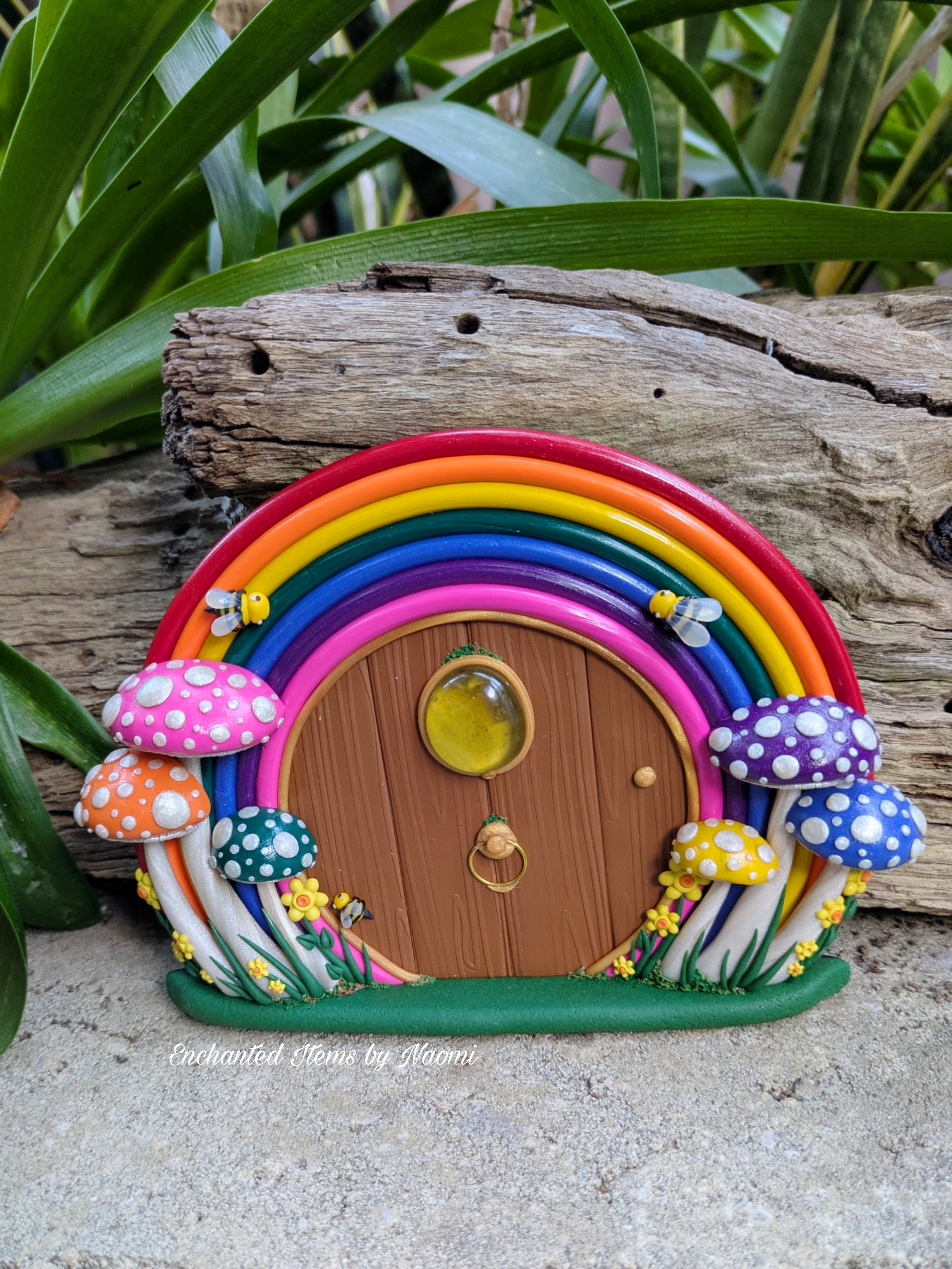 Hand-Sculpted Rainbow Fairy Door with Matching Mushrooms & Bumblebees