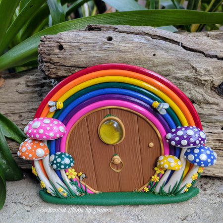 Hand-Sculpted Rainbow Fairy Door with Matching Mushrooms & Bumblebees