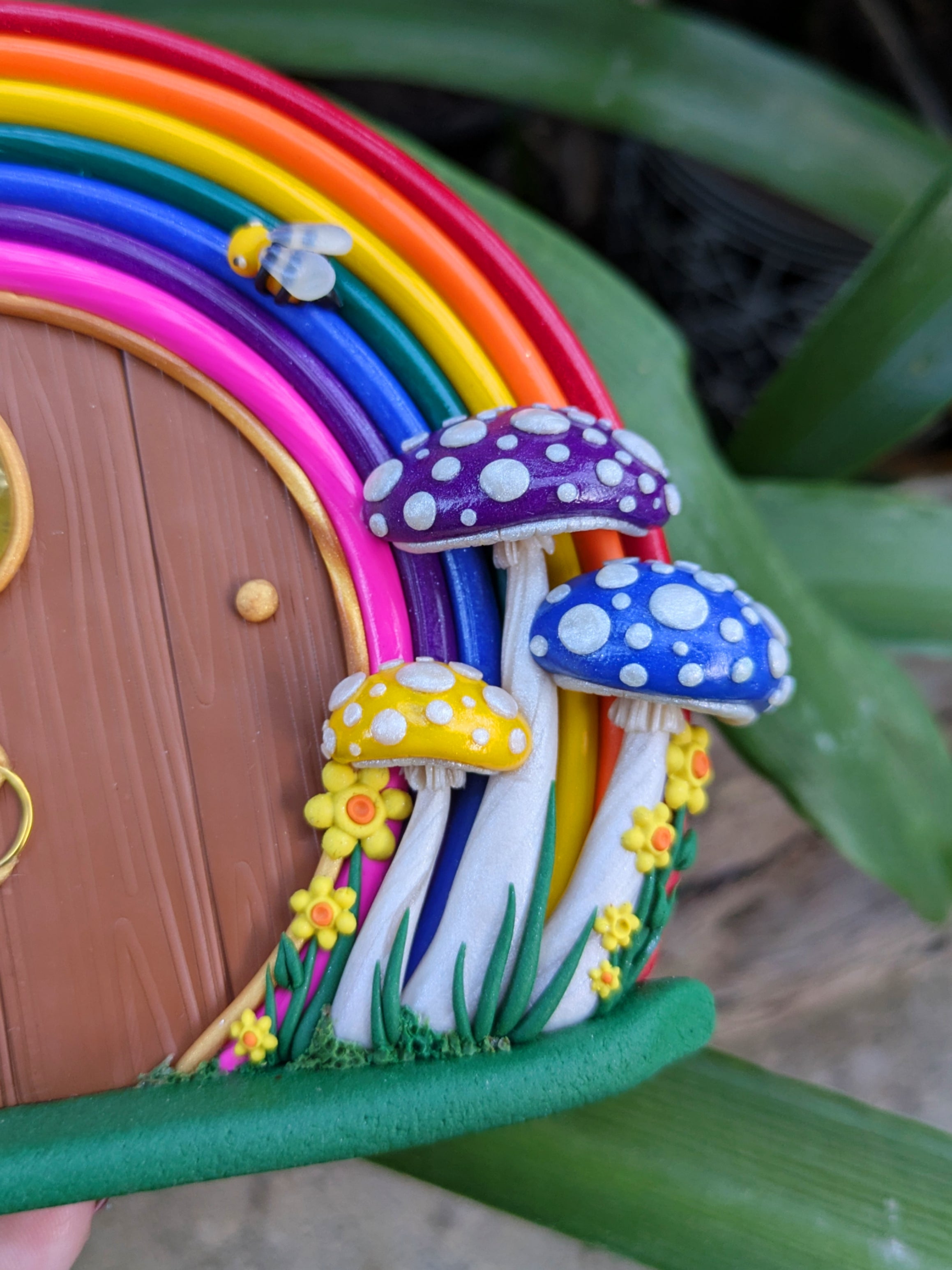 Hand-Sculpted Rainbow Fairy Door with Matching Mushrooms & Bumblebees