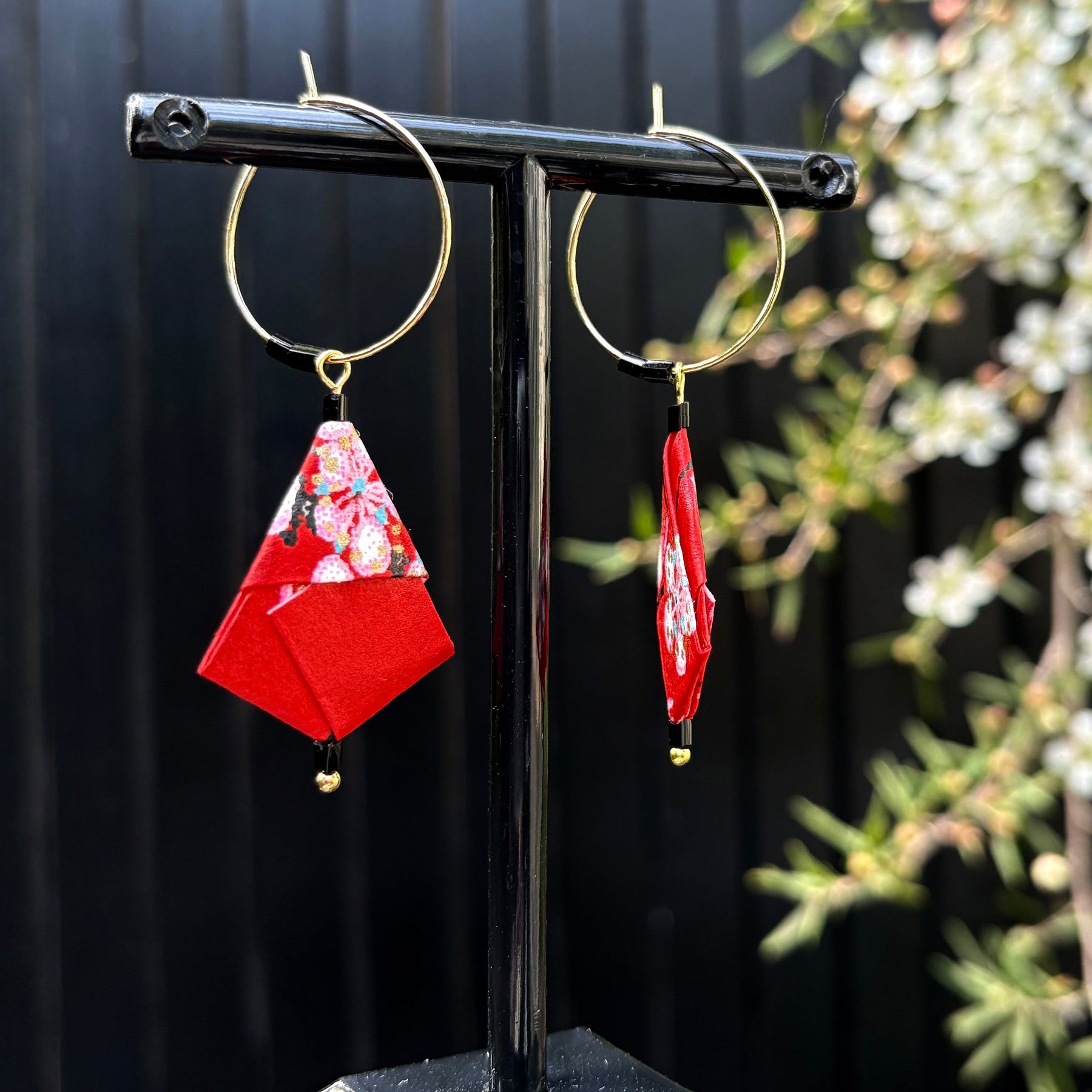 Origami Hoop Earrings – Crimson Plum.  Japanese Yuzen Chiyogami