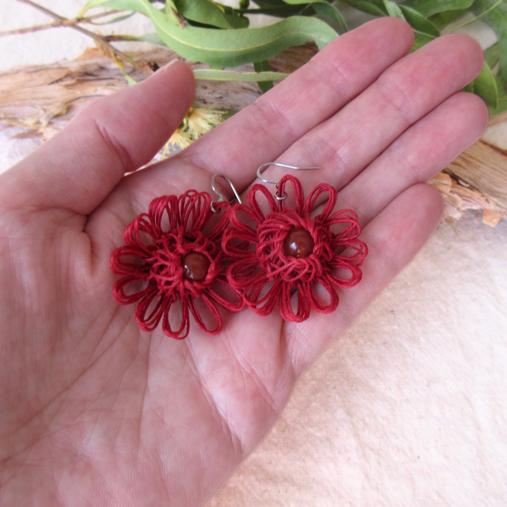 Heart Bloom | Red Handmade Flower Earrings with Choice of Gemstone | Woven Bloom Tales Collection