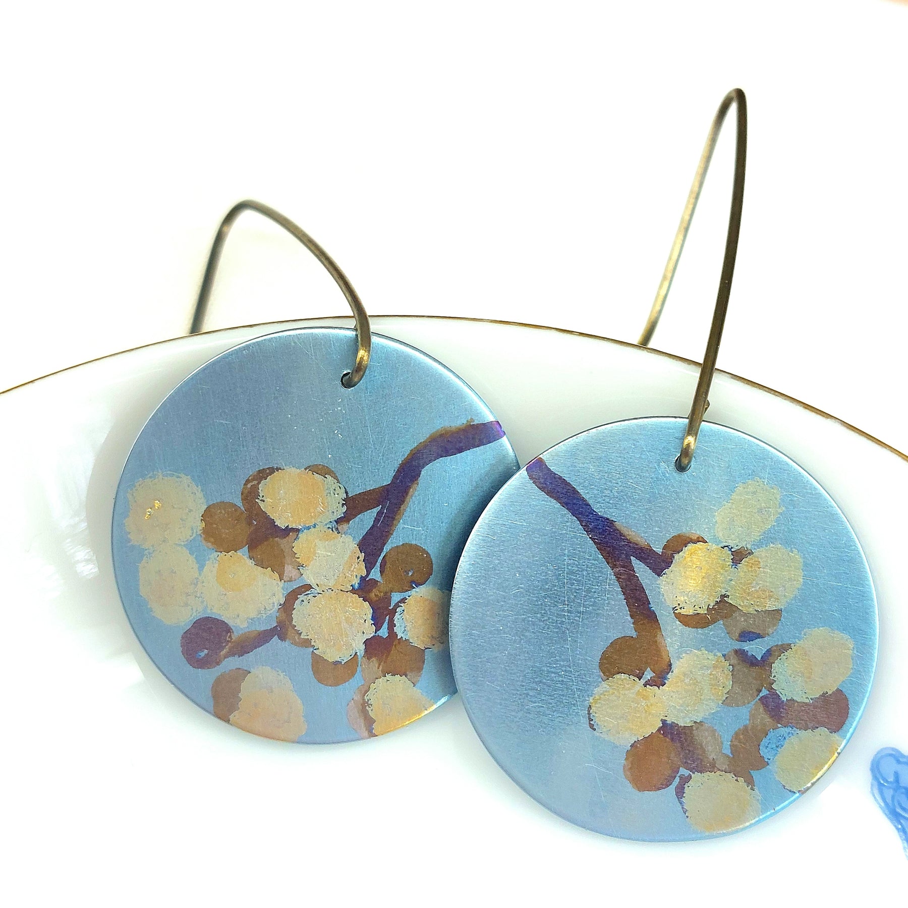 Titanium Disc Earrings with Wattle Design- Sky Blue, Yellow, Gold, Bronze