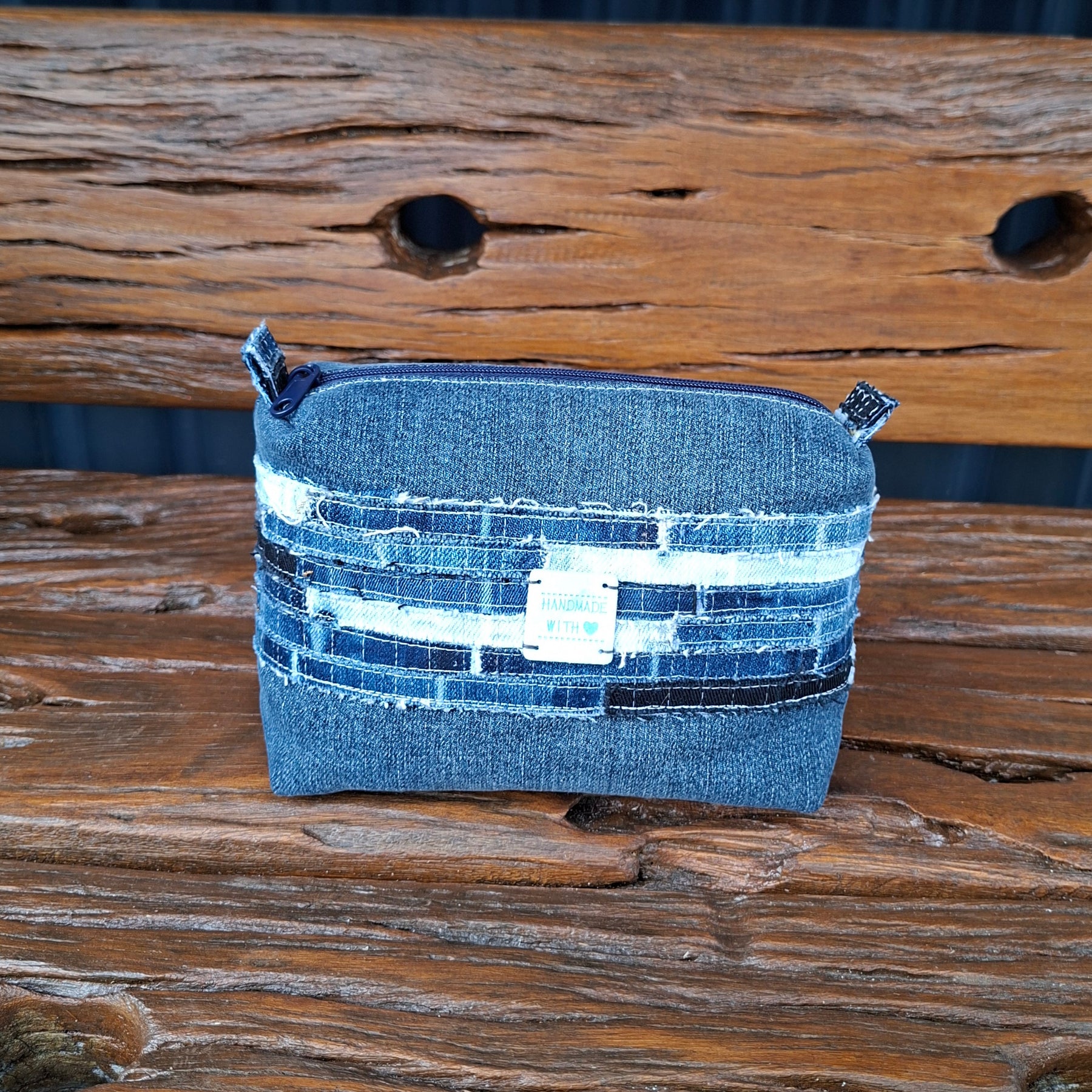 Recycled Strips Theme Denim Pouch