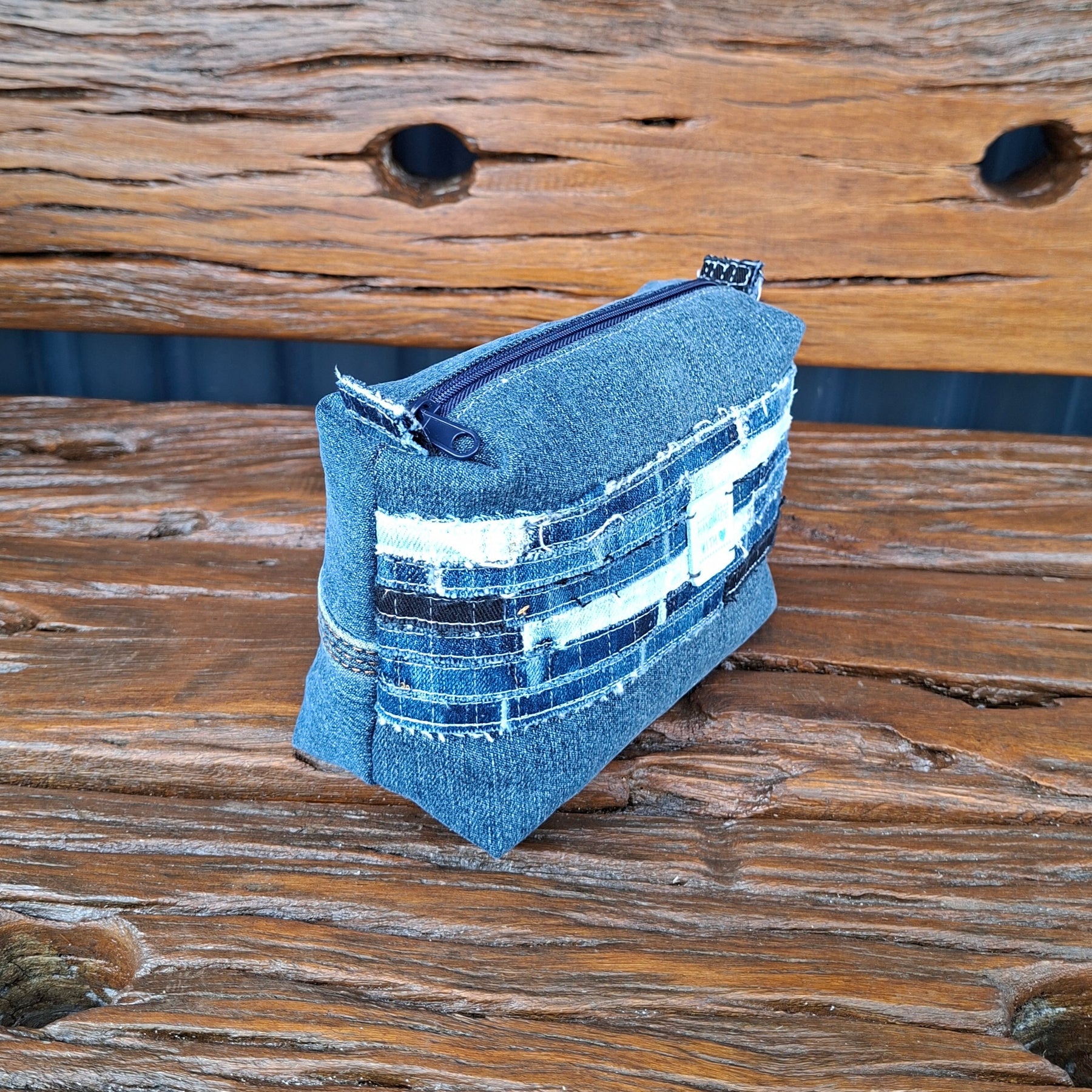 Recycled Strips Theme Denim Pouch