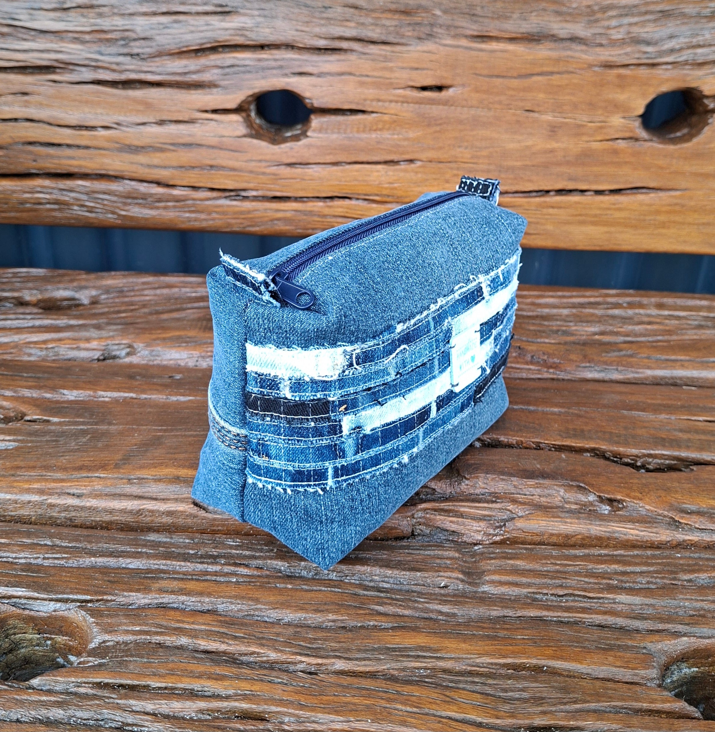 Recycled Strips Theme Denim Pouch