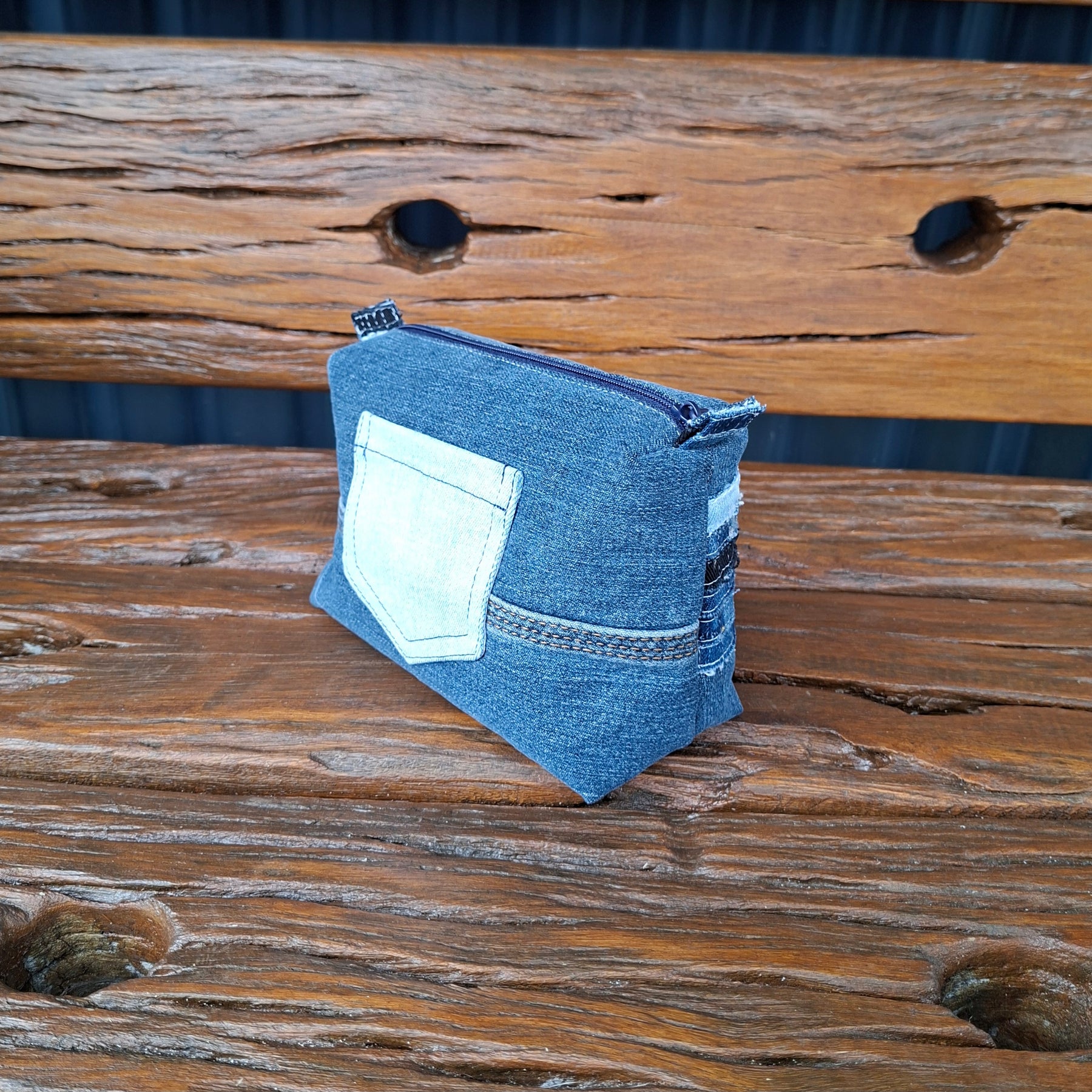 Recycled Strips Theme Denim Pouch