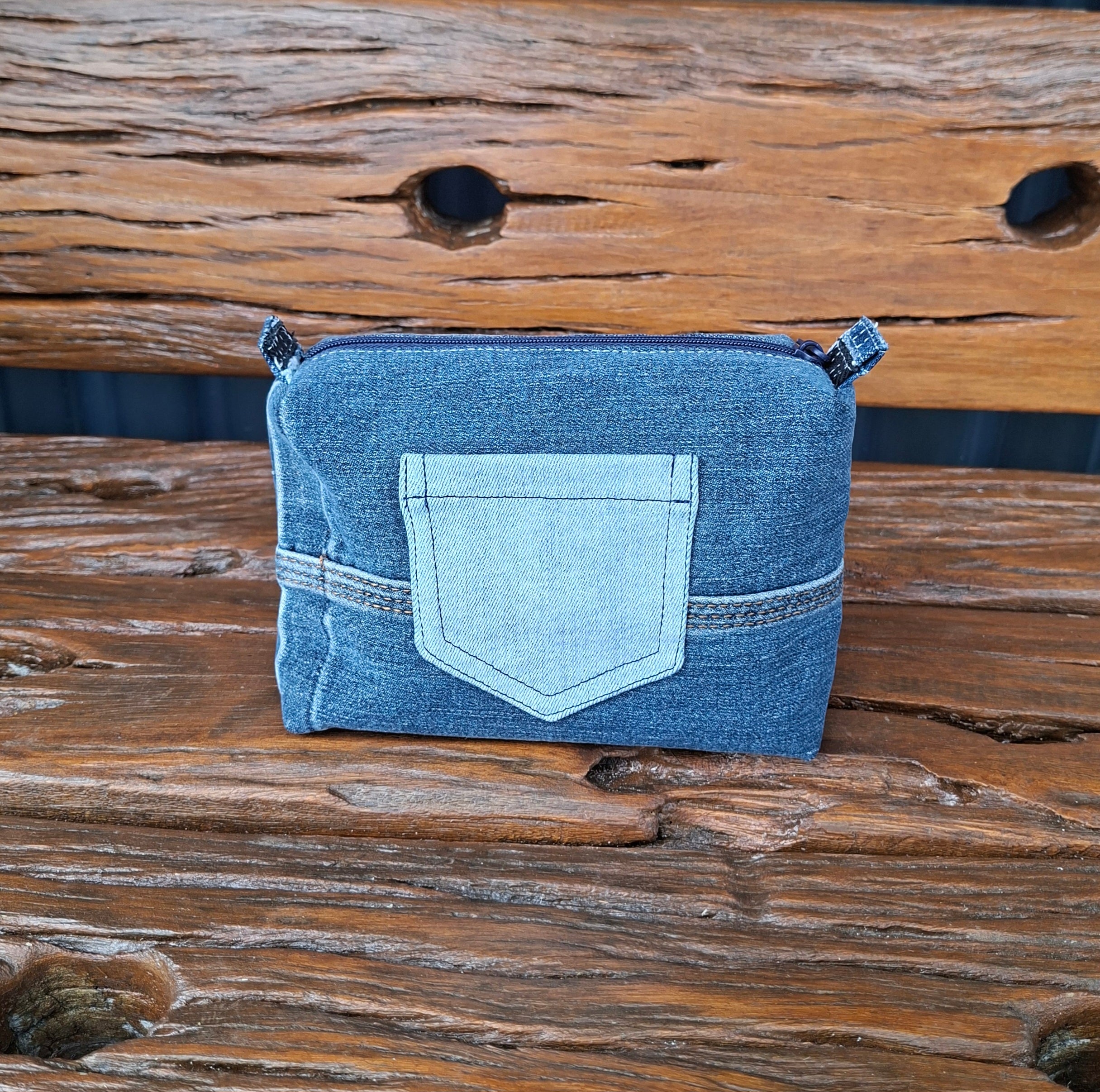 Recycled Strips Theme Denim Pouch