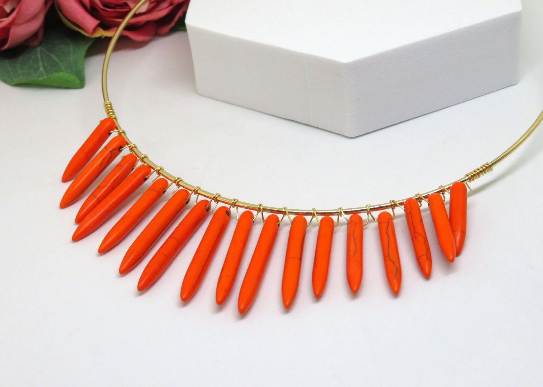 Orange Spike Wire Wrapped Choker Necklace