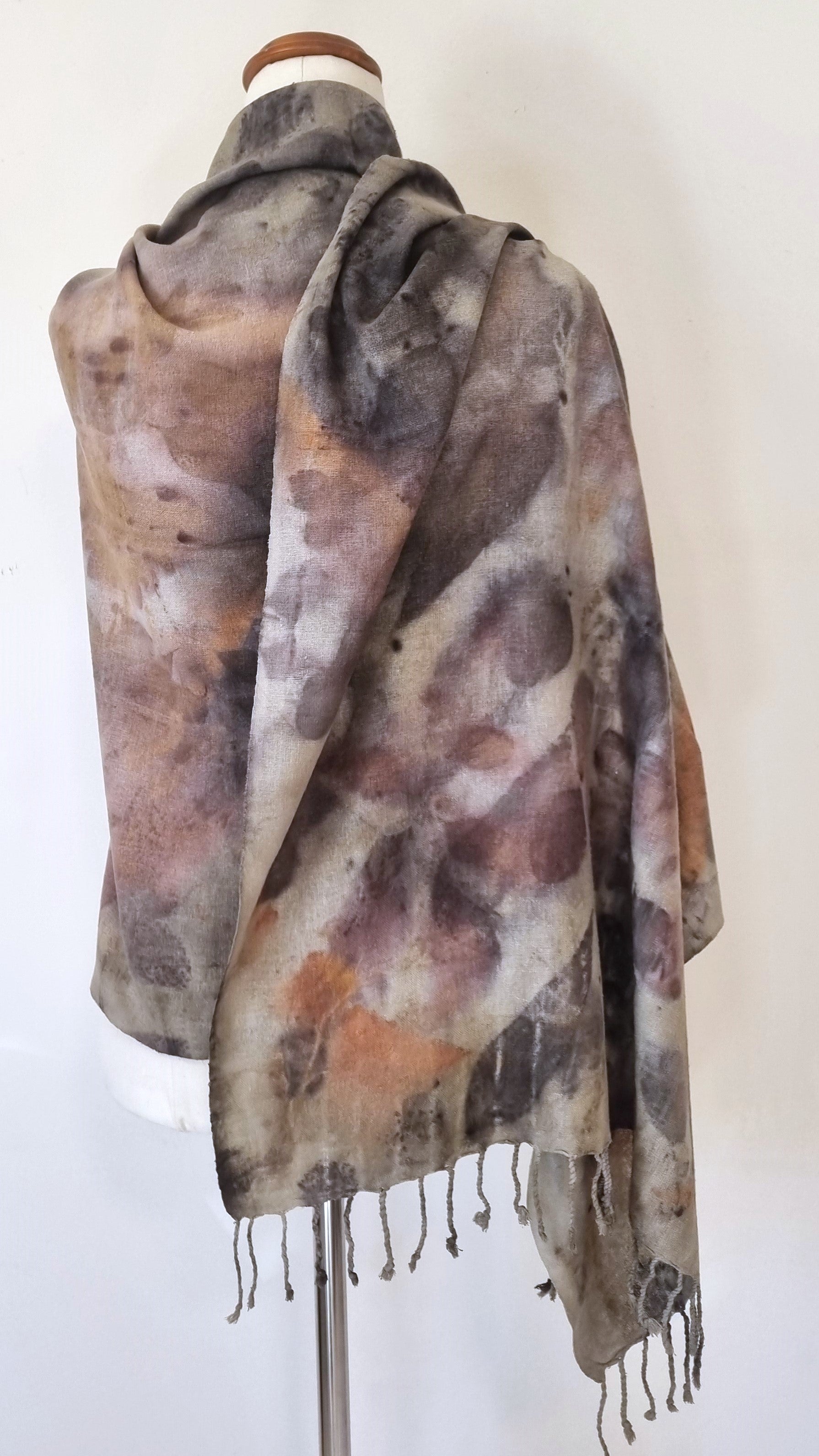 The Sienna - Raw Silk Large Ecoprint Shawl with Fringe