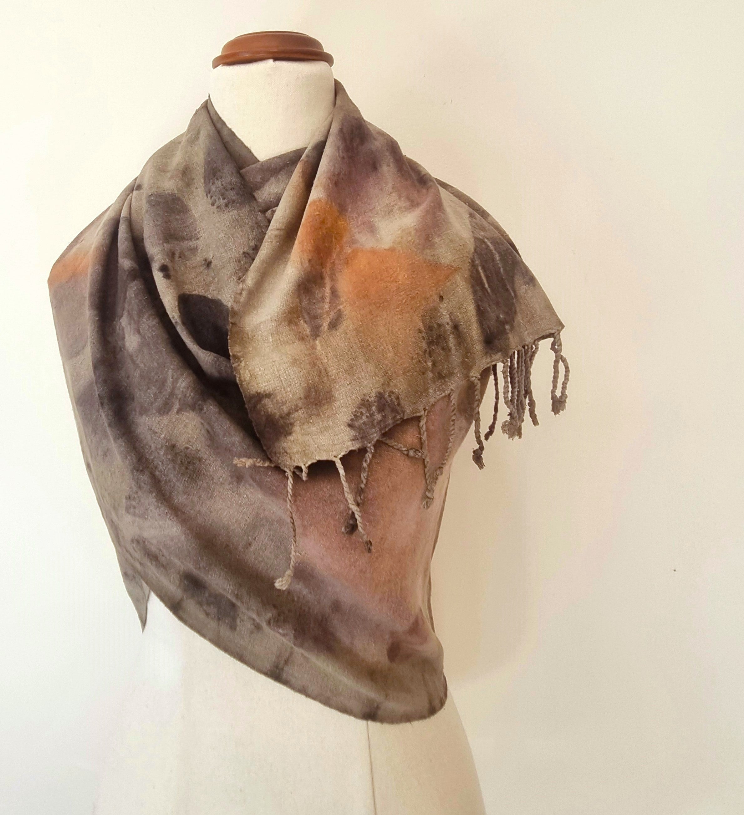 The Sienna - Raw Silk Large Ecoprint Shawl with Fringe