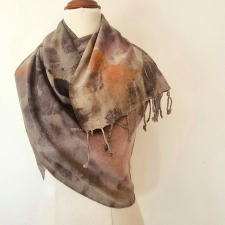 The Sienna - Raw Silk Large Ecoprint Shawl with Fringe