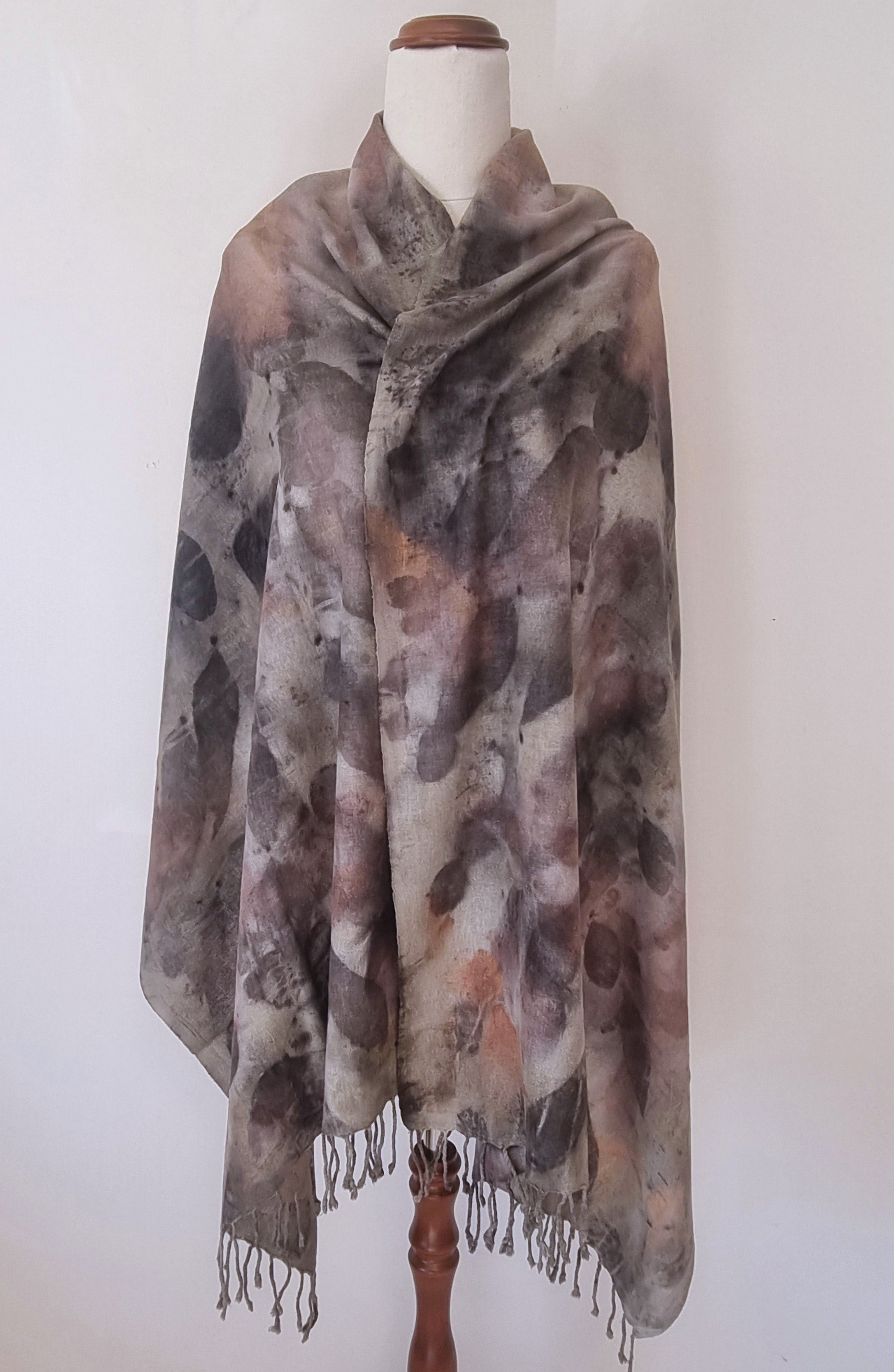 The Sienna - Raw Silk Large Ecoprint Shawl with Fringe