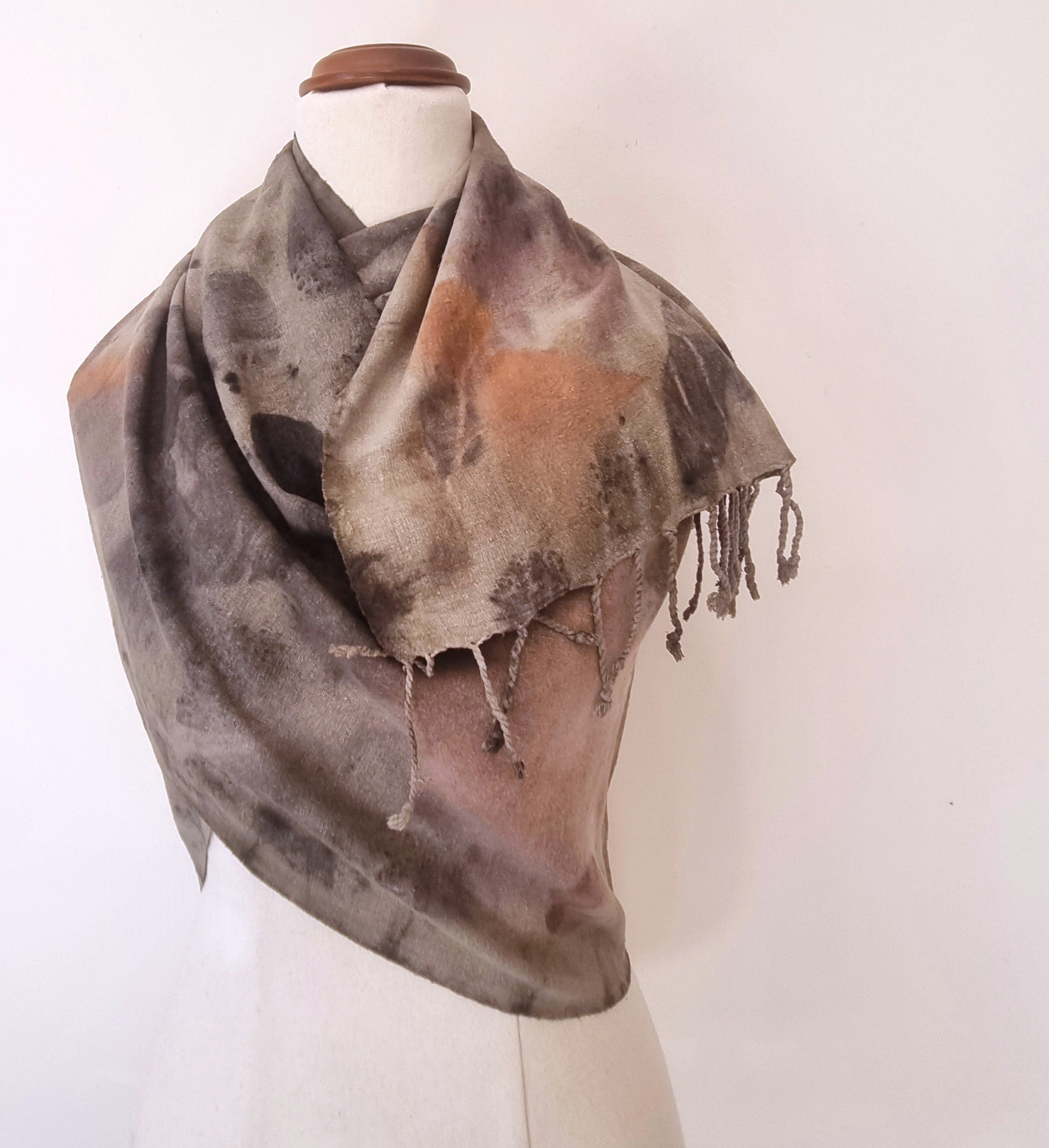 The Sienna - Raw Silk Large Ecoprint Shawl with Fringe
