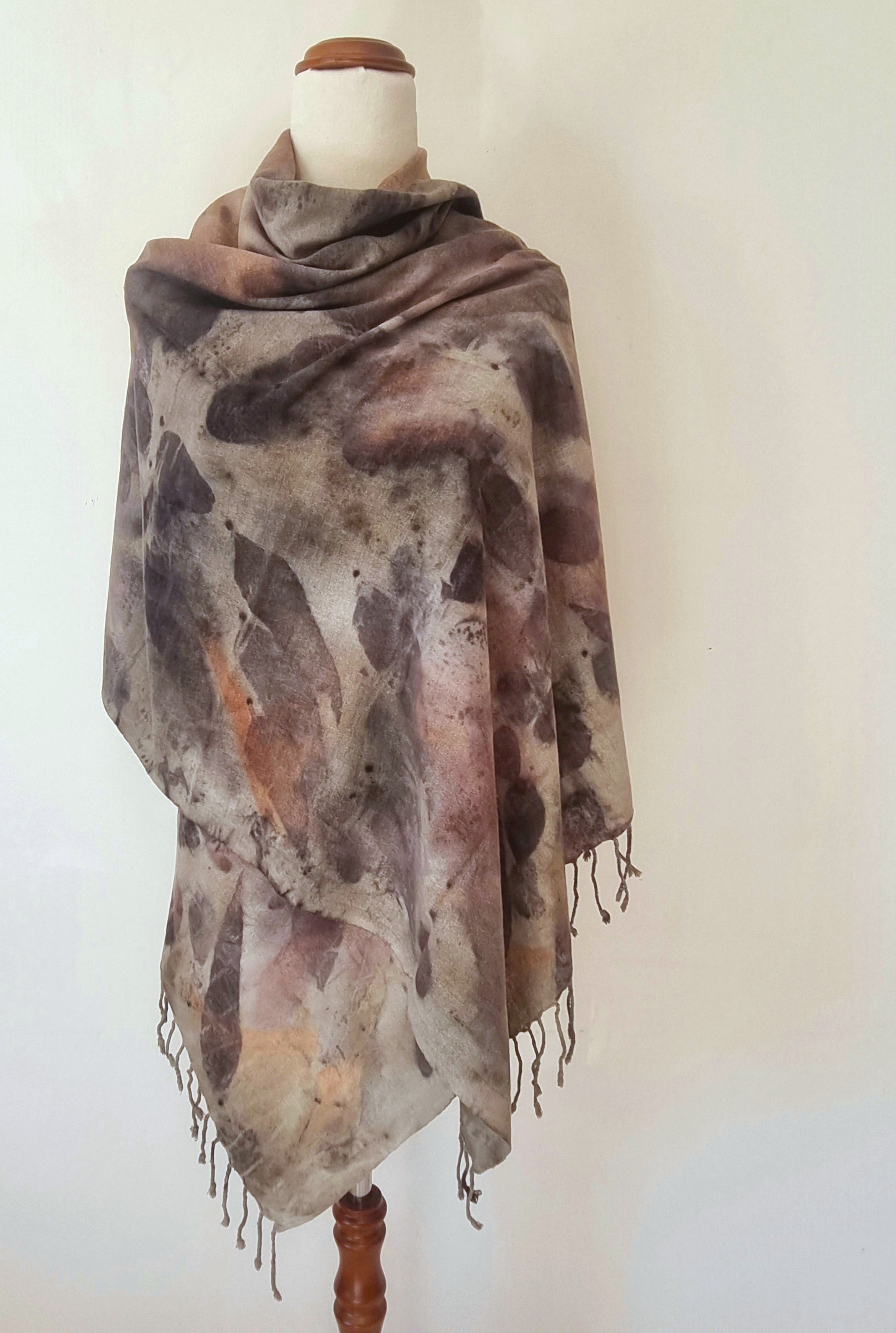 The Sienna - Raw Silk Large Ecoprint Shawl with Fringe