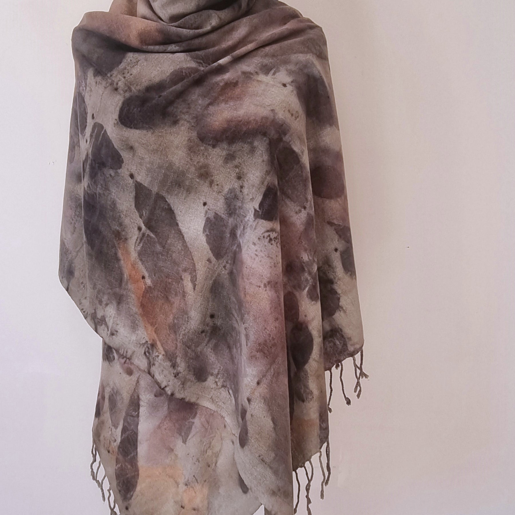 The Sienna - Raw Silk Large Ecoprint Shawl with Fringe