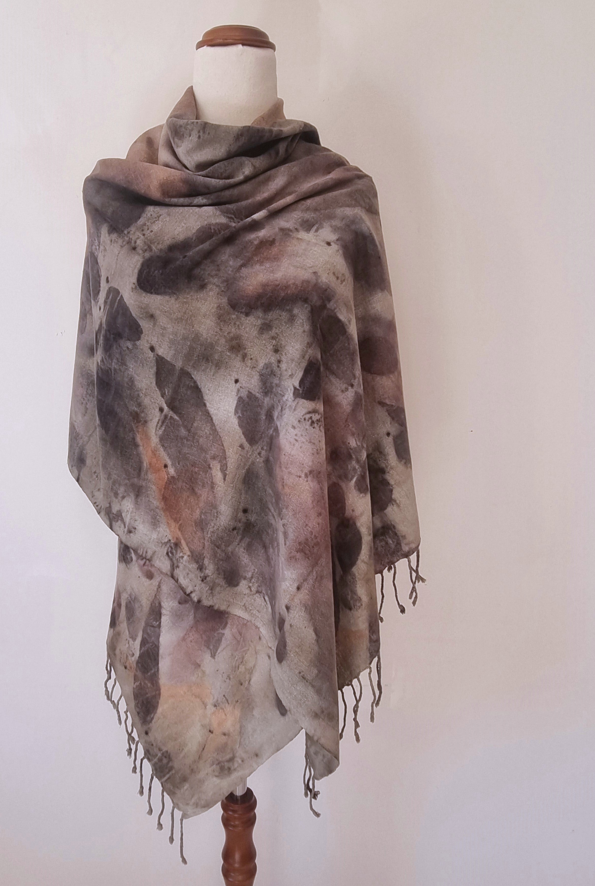 The Sienna - Raw Silk Large Ecoprint Shawl with Fringe