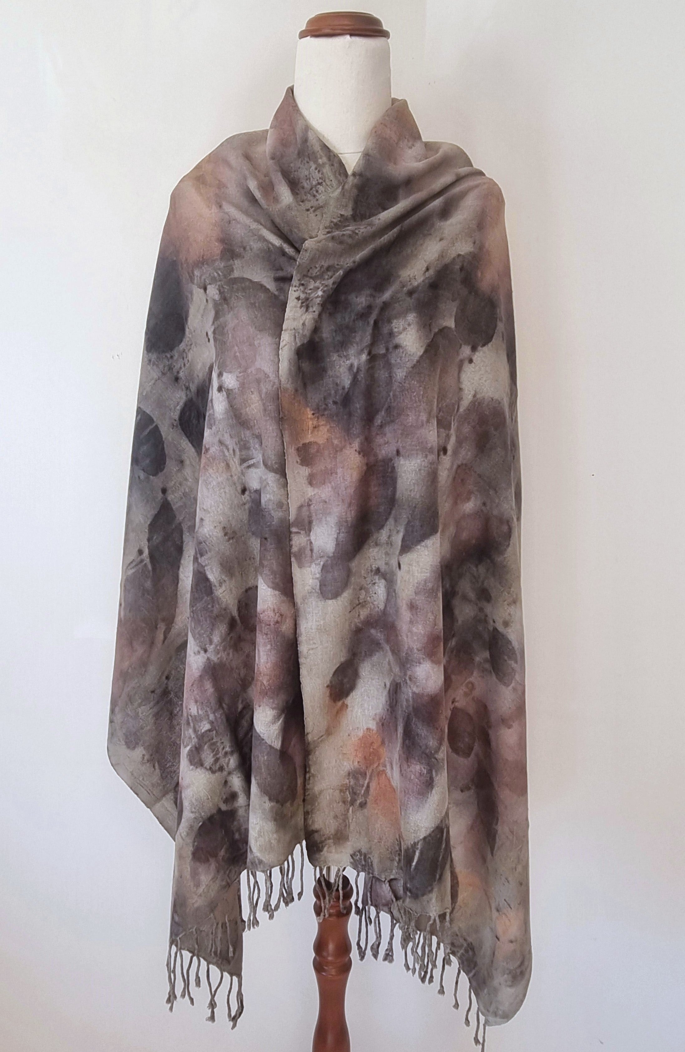The Sienna - Raw Silk Large Ecoprint Shawl with Fringe