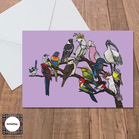 Bendigo Birds on a Branch Purple Greeting Card + Envelope