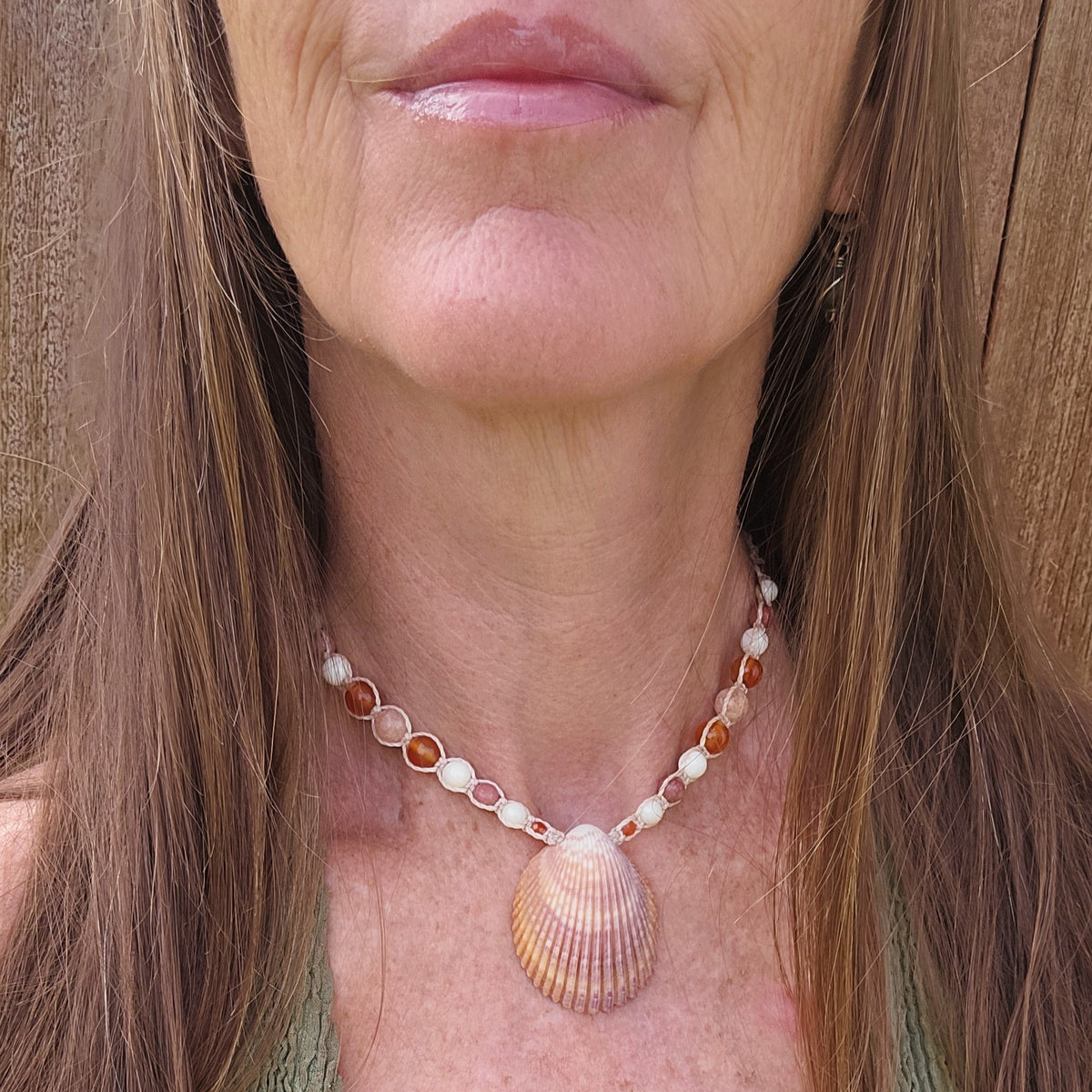 Cockle Shell Necklace with Carnelian, Peach Calcite & Thulite
