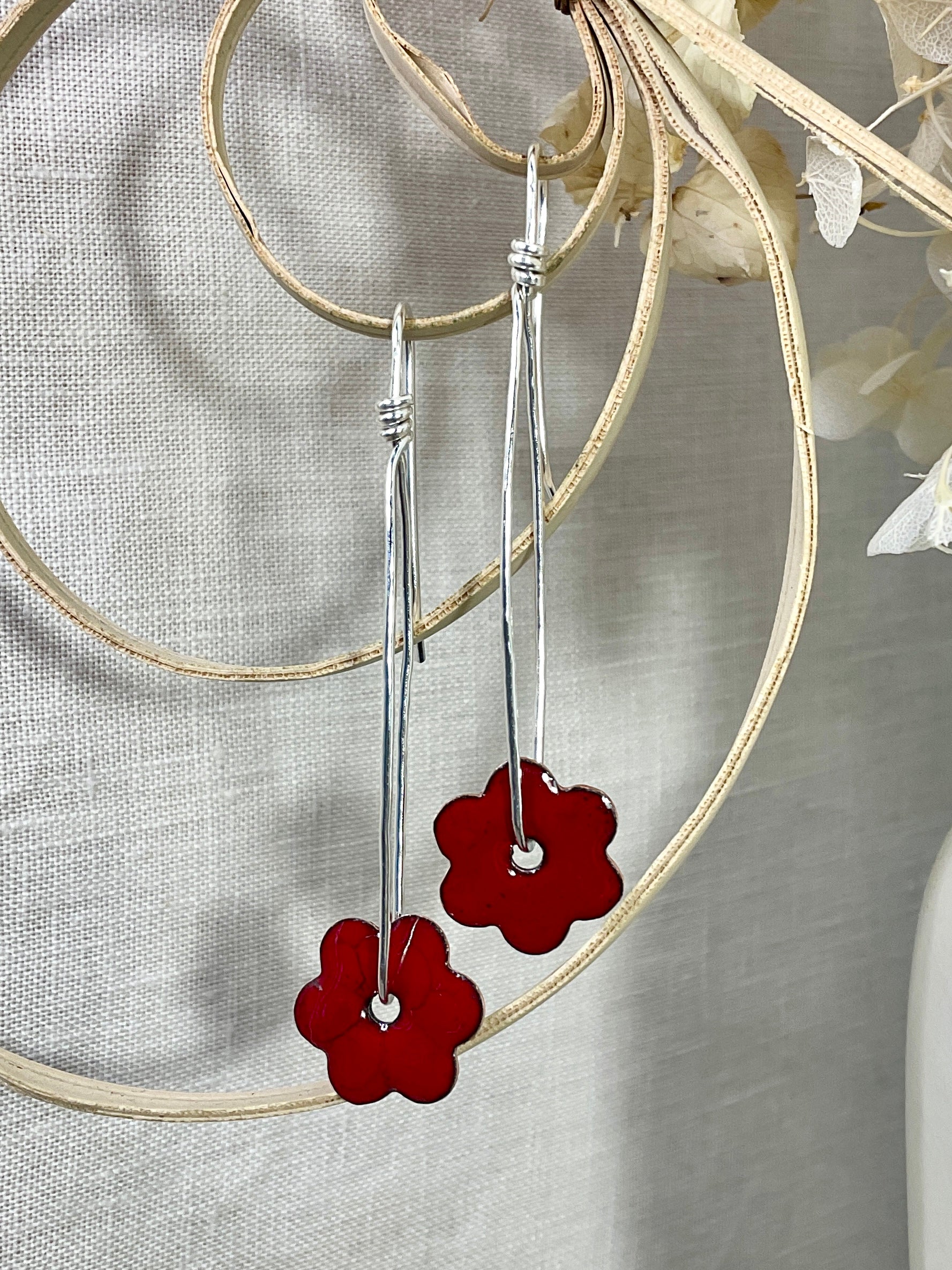 Red flower earrings. Enamel and Argentium silver.
