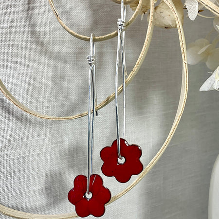 Red flower earrings. Enamel and Argentium silver.