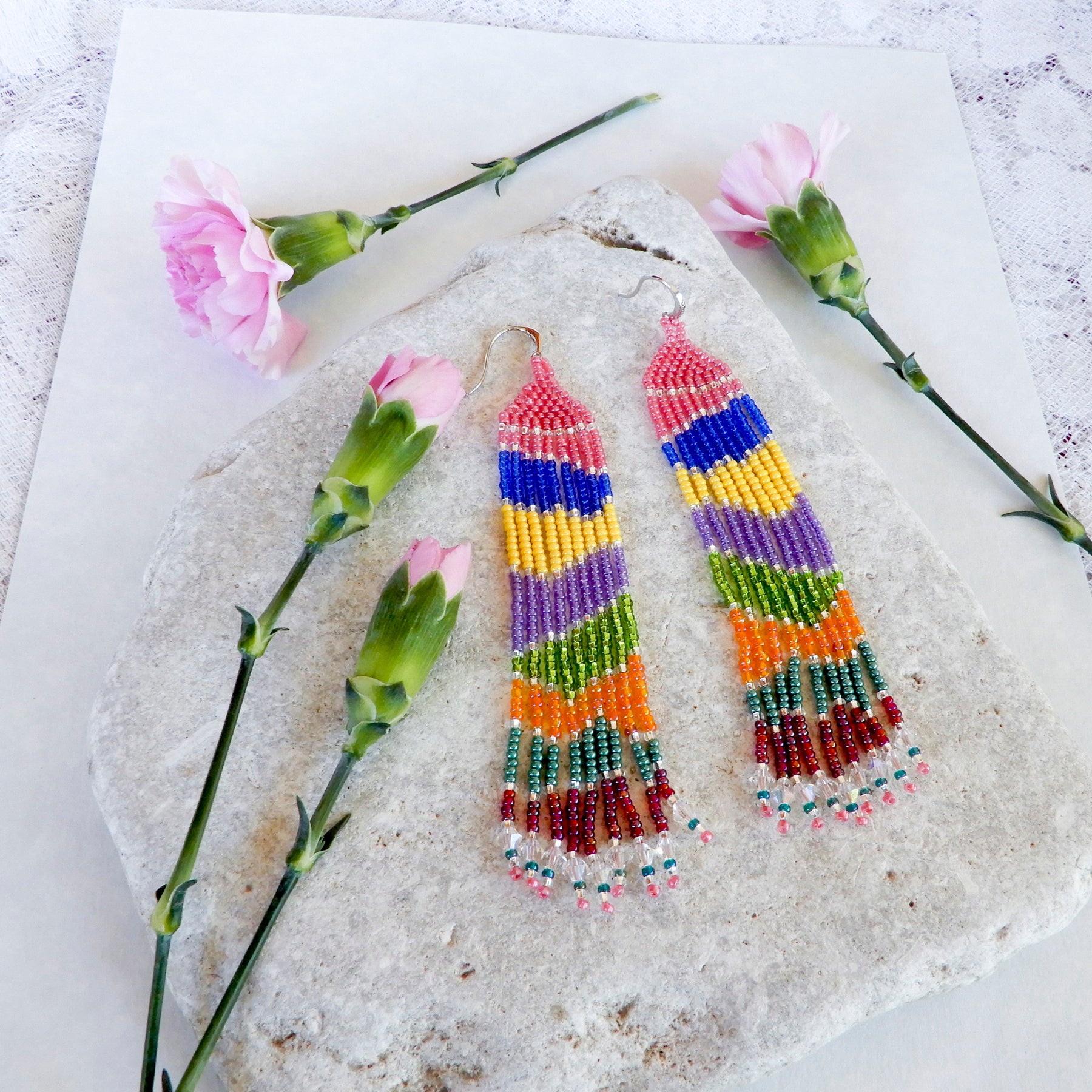Pink Wave Beaded Fringe Earrings