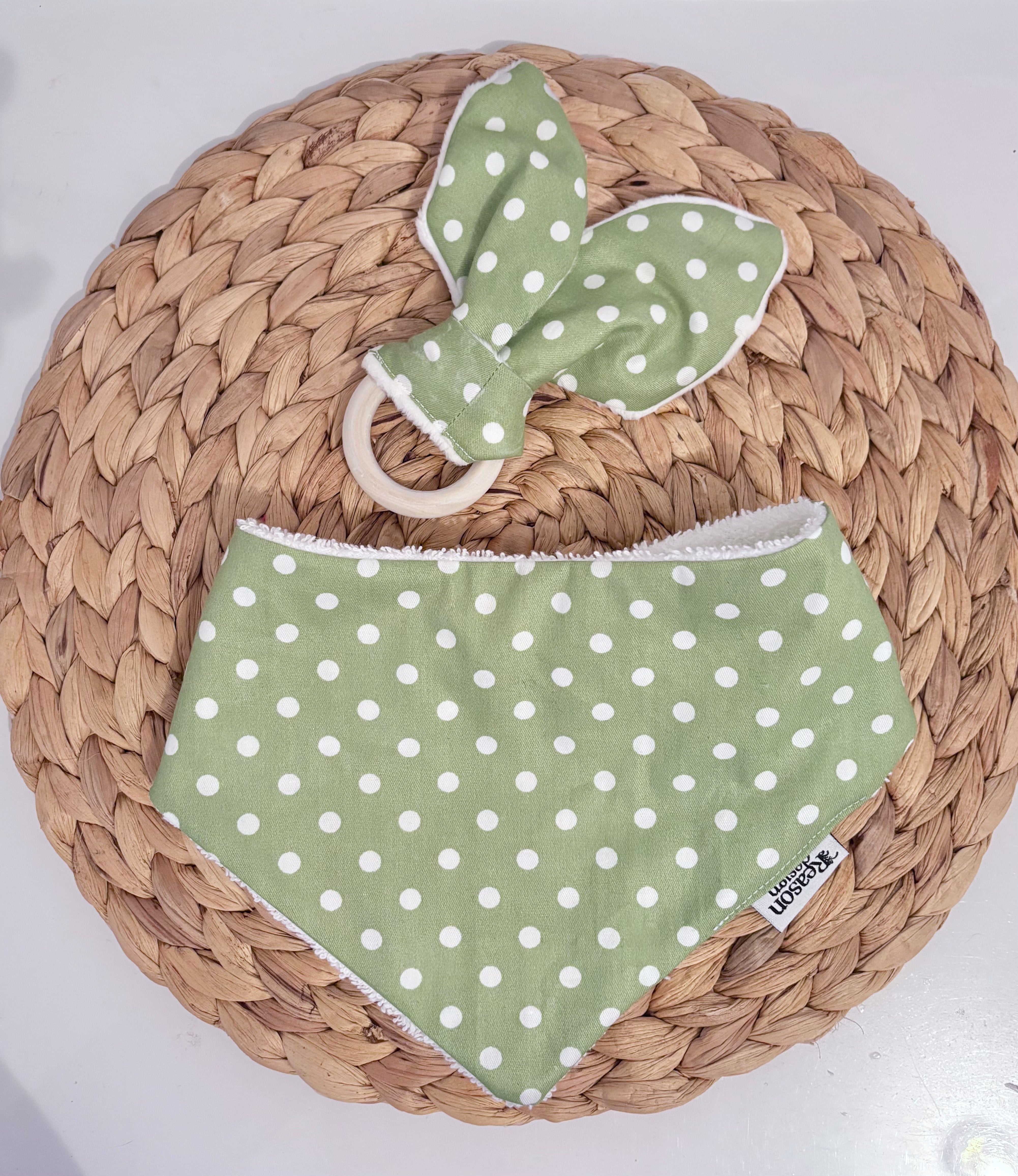Baby Bib & Wooden Ring Bunny Ear Minky Teether Set