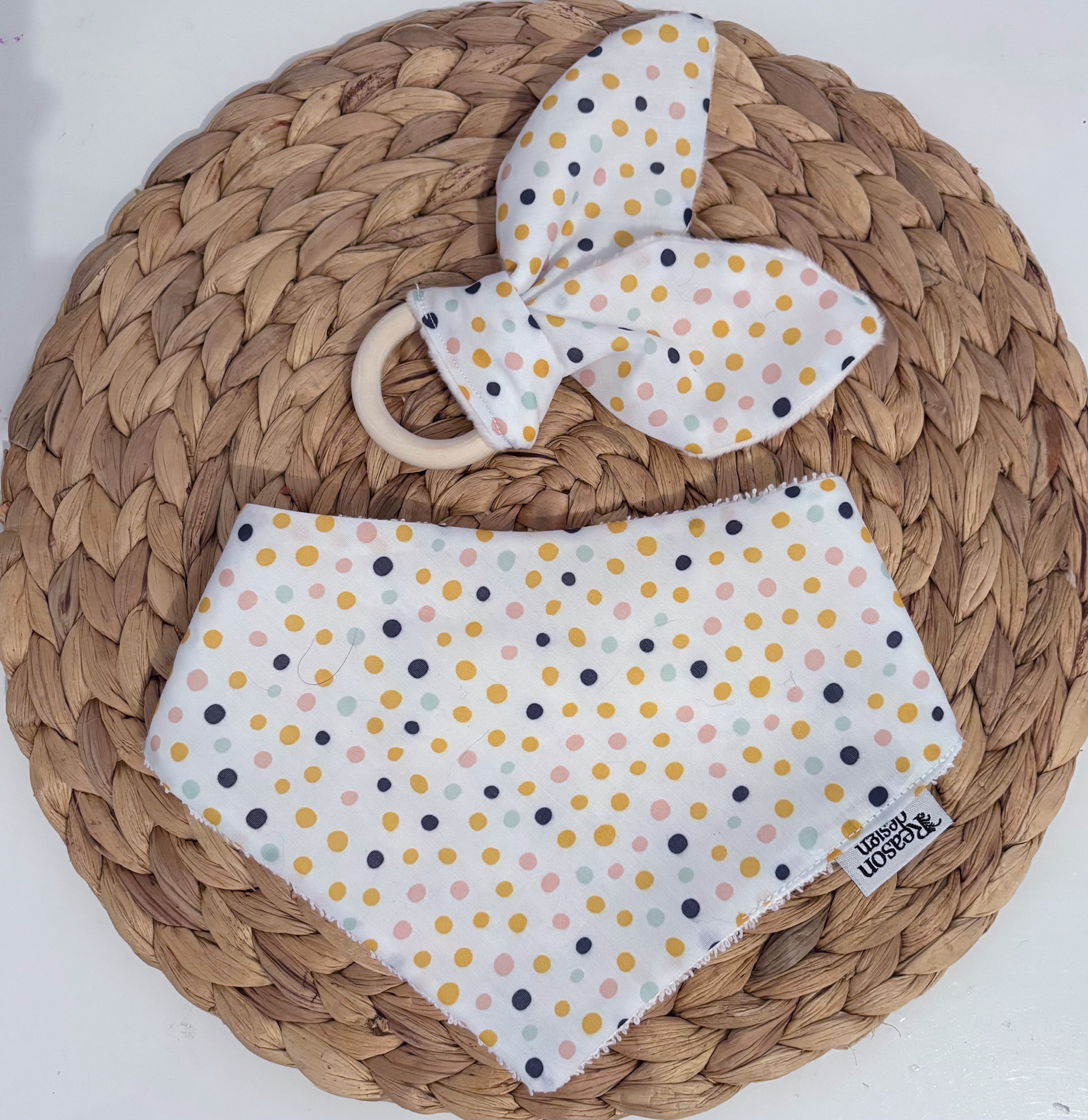 Baby Bib & Wooden Ring Bunny Ear Minky Teether Set