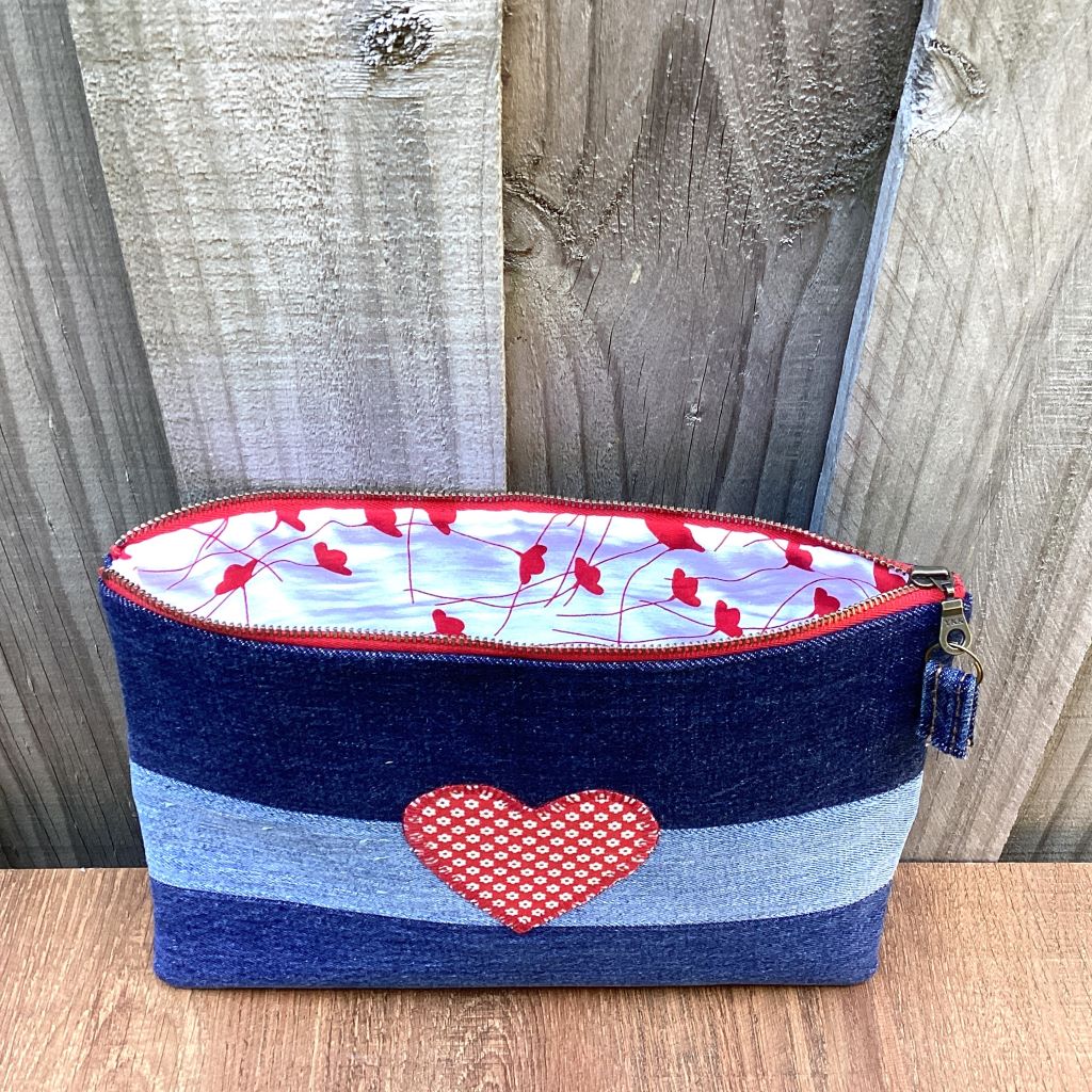 Upcycled Denim Pencil Case – Red Heart Applique