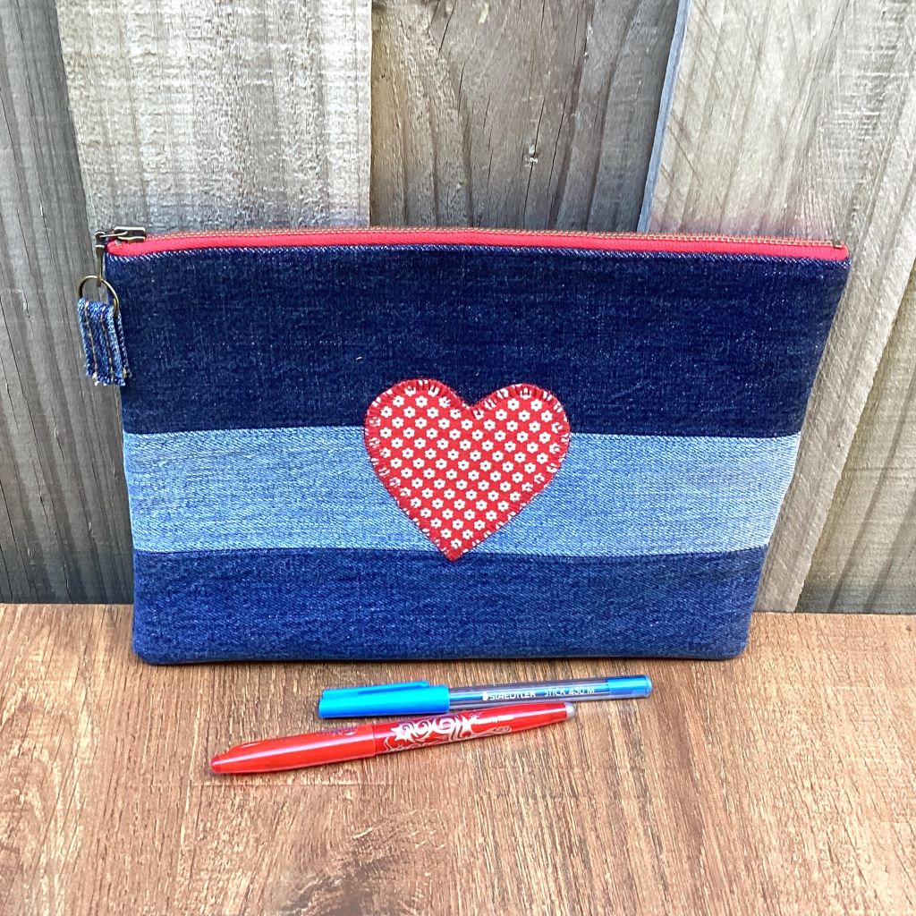 Upcycled Denim Pencil Case – Red Heart Applique